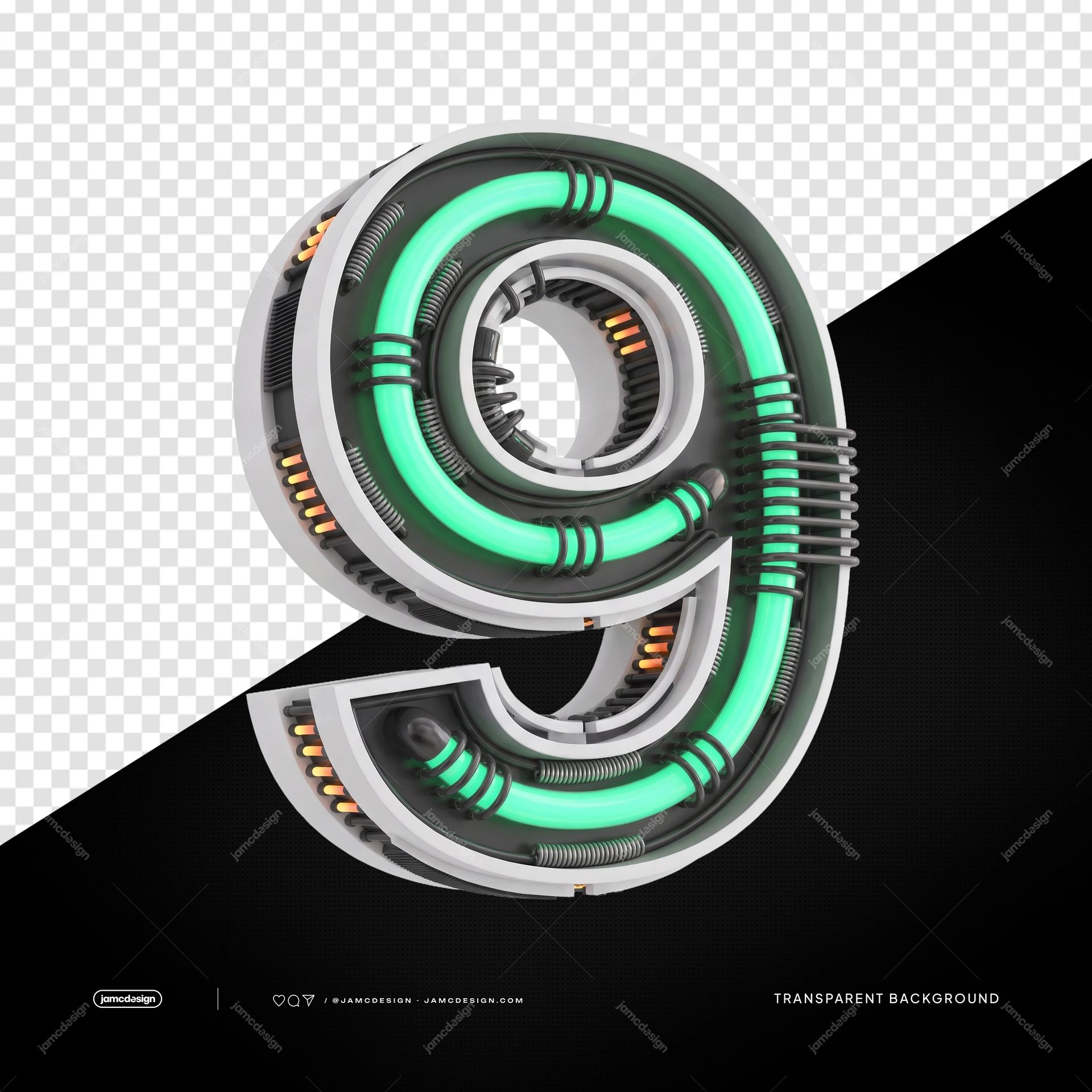 3D Futuristic Industrial Neon Number 9 PNG Transparent Background. PNG transparent object of a 3D industrial number 9, built from white and dark metal panels