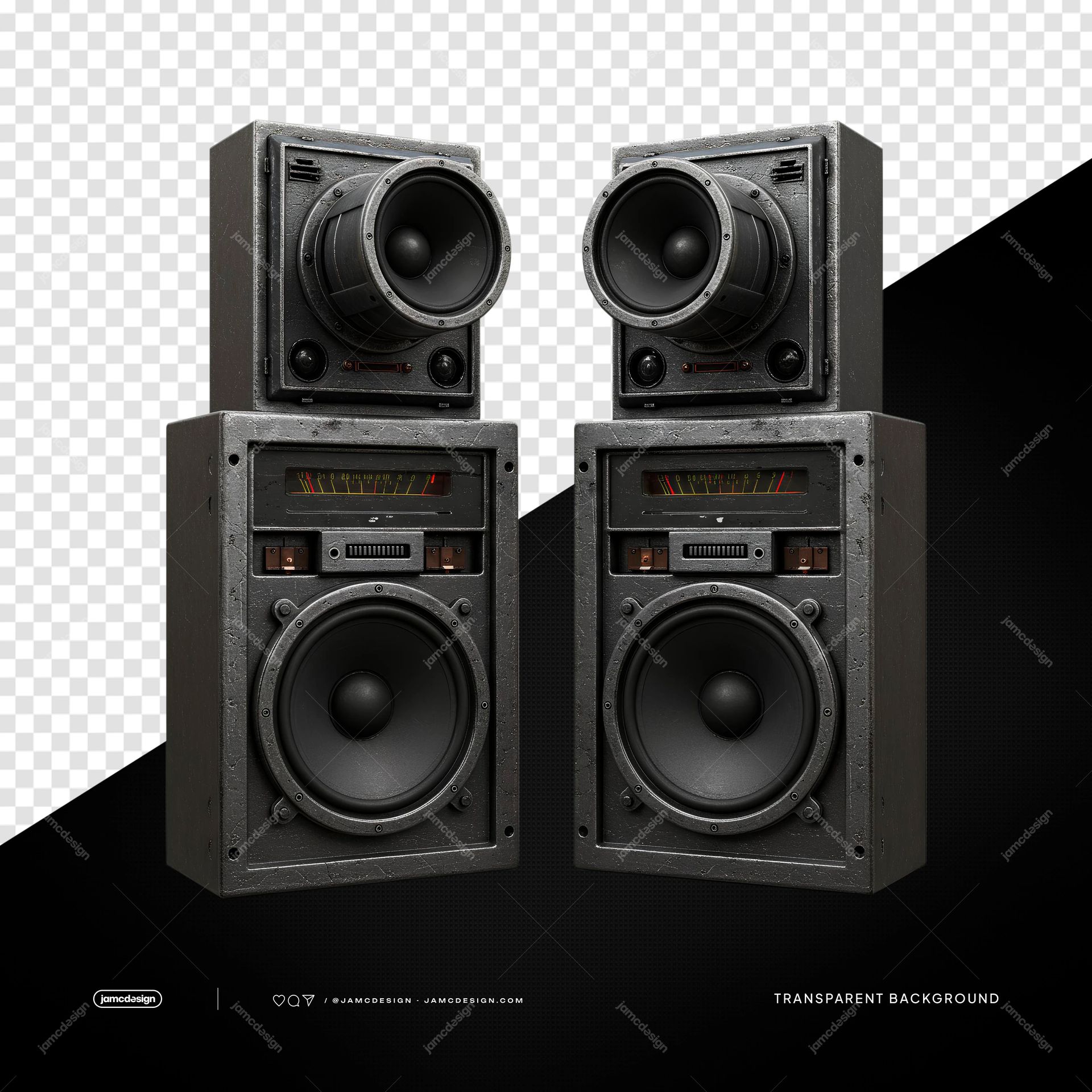Black Dual Speaker Stack With Separate Woofers PNG Transparent. Black dual speaker towers with separate woofer cabinets are shown in a realistic dark style