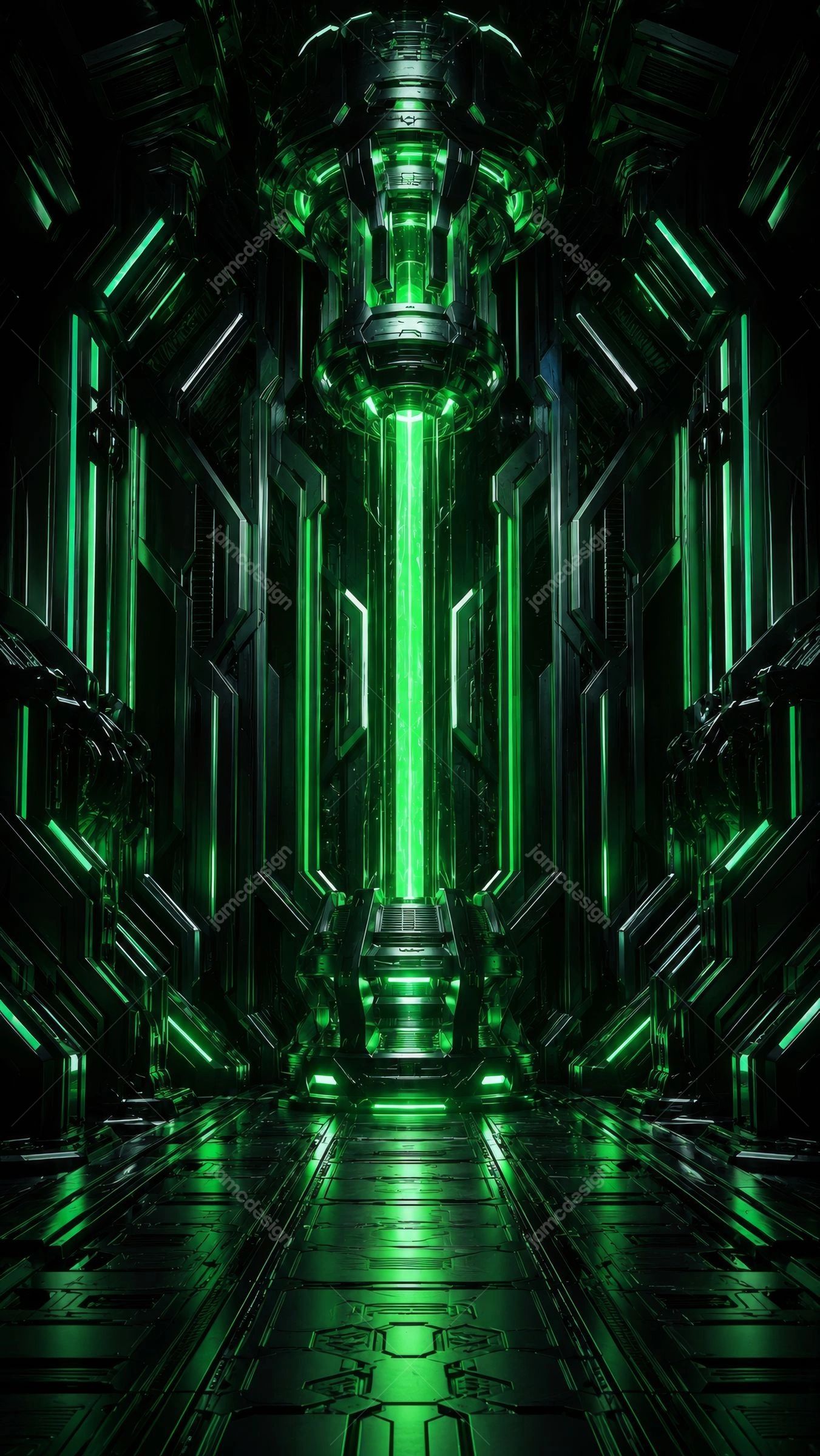 Fondo De Sala De Reactor Futurista De Neón Morado. Fondo JPG que muestra una sala de reactor futurista con un imponente núcleo de energía verde brillante