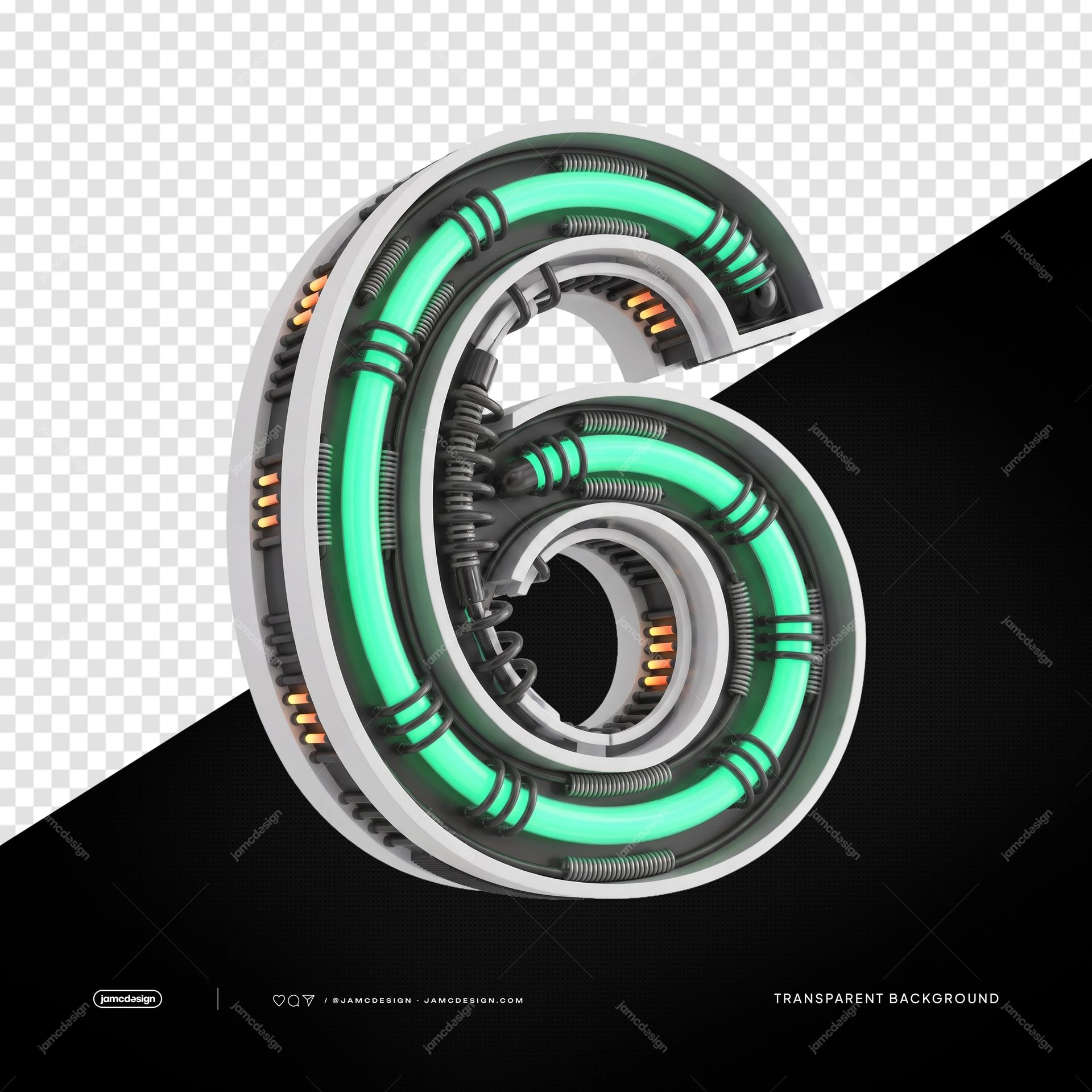 3D Futuristic Industrial Neon Number 6 PNG Transparent Background. 3D rendered numeral six supplied as a transparent PNG