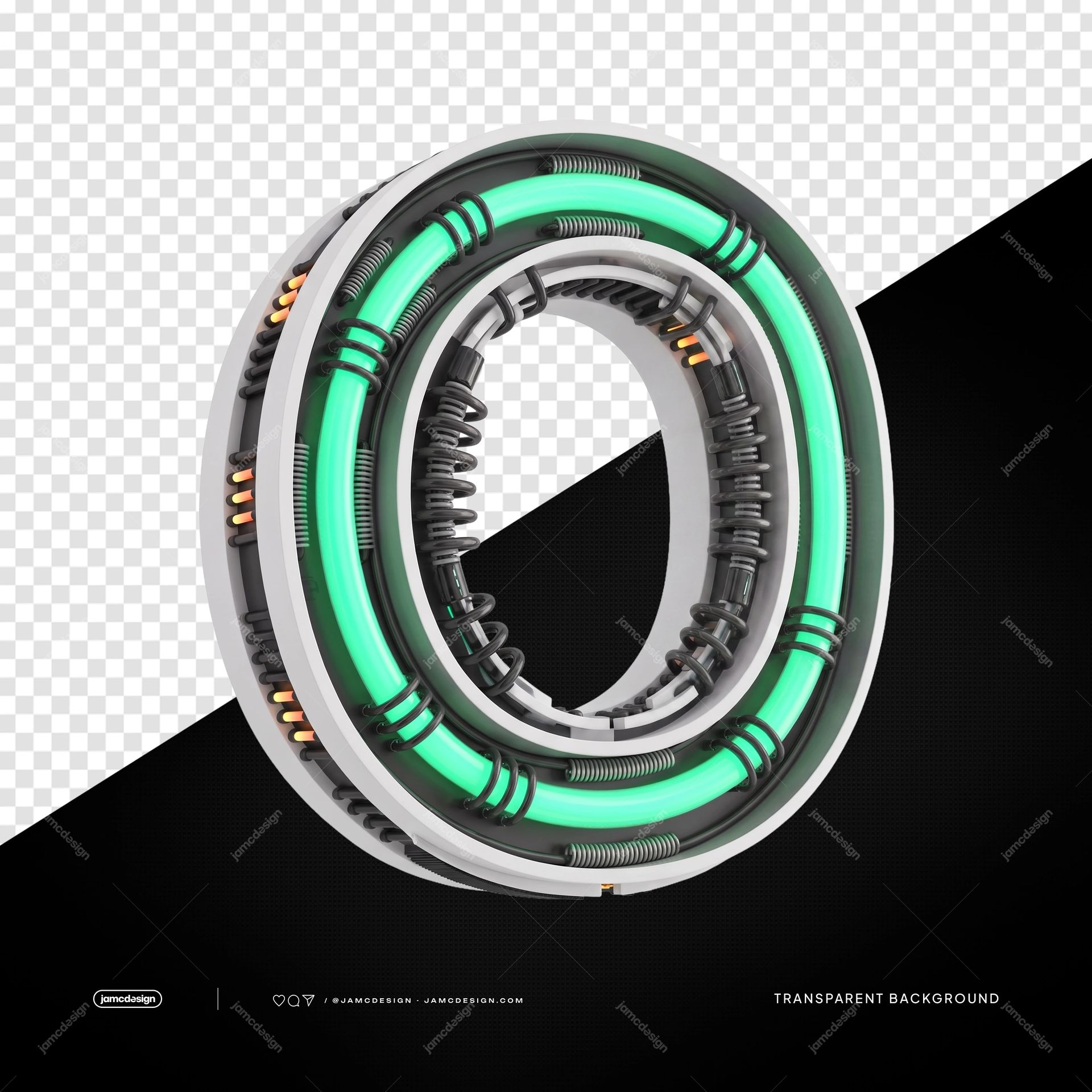 Chiffre 0 Néon Industriel Futuriste 3D PNG Fond Transparent. Chiffre zéro néon industriel futuriste en 3D rendu en PNG avec fond transparent