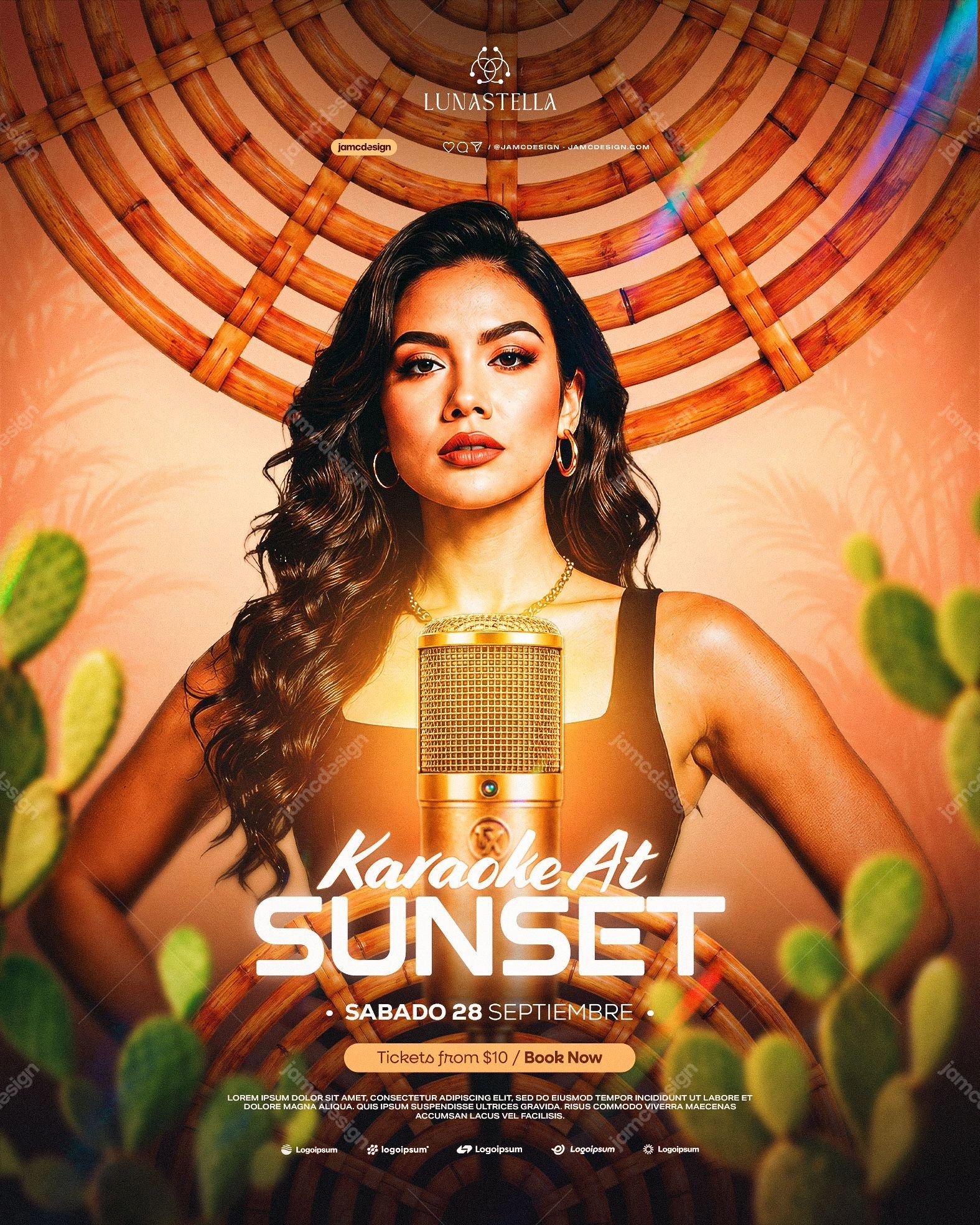 Karaoke Sunset Event Flyer Template PSD Editable. Editable PSD template for a karaoke sunset event flyer with a warm orange and peach gradient