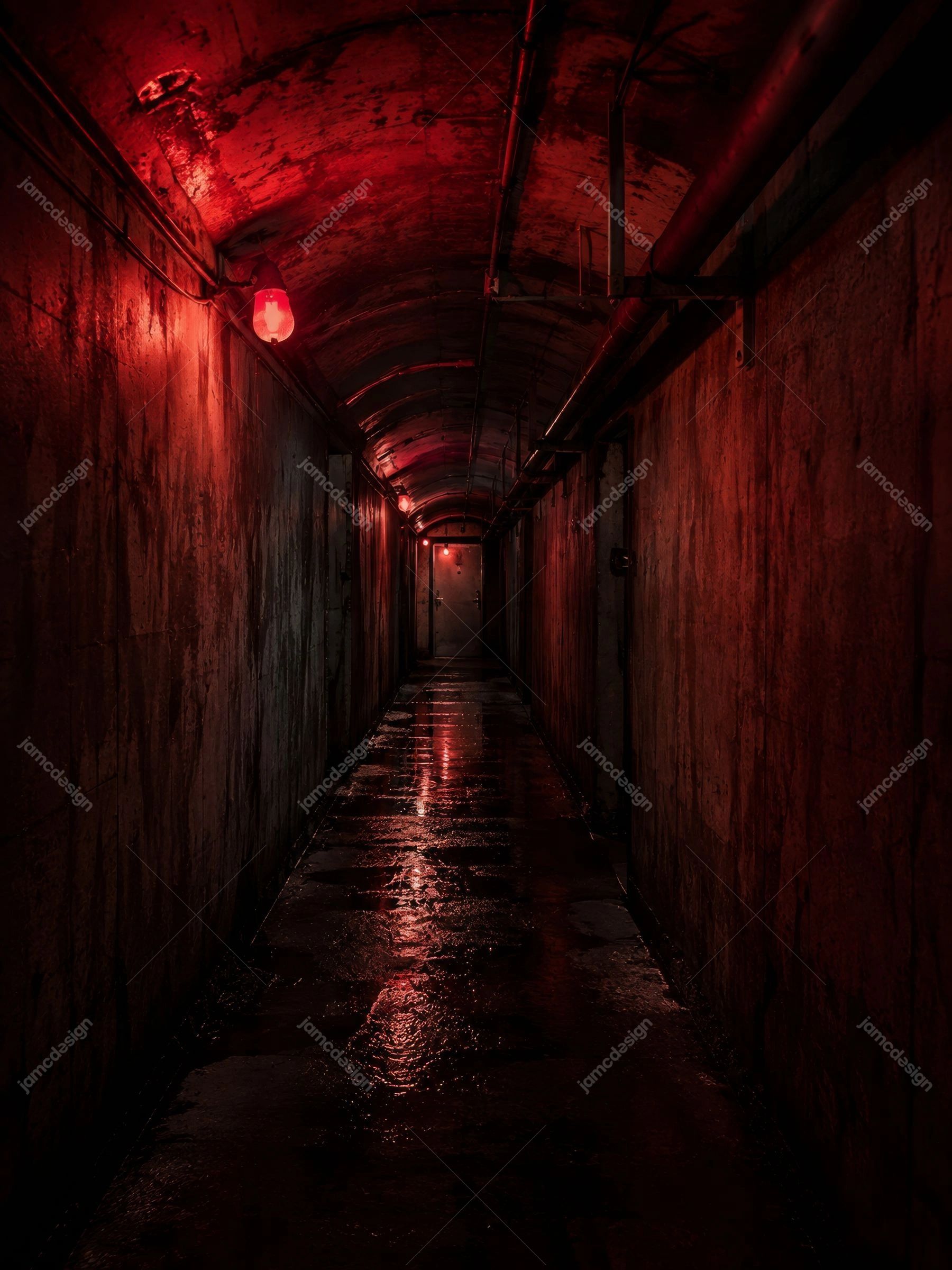 Abandoned Industrial Red Tunnel Dark Walls Background. JPG background showing an abandoned industrial tunnel with rough concrete walls, exposed pipes