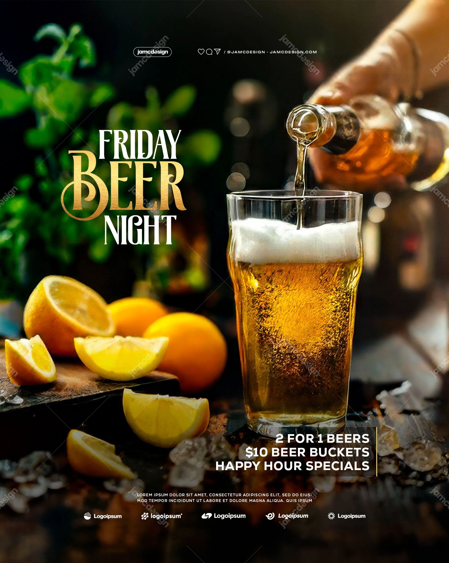 Friday Beer Night Promo Flyer Template PSD Editable. Editable PSD template for a Friday drinks promo flyer, with a tall beer glass being poured over ice