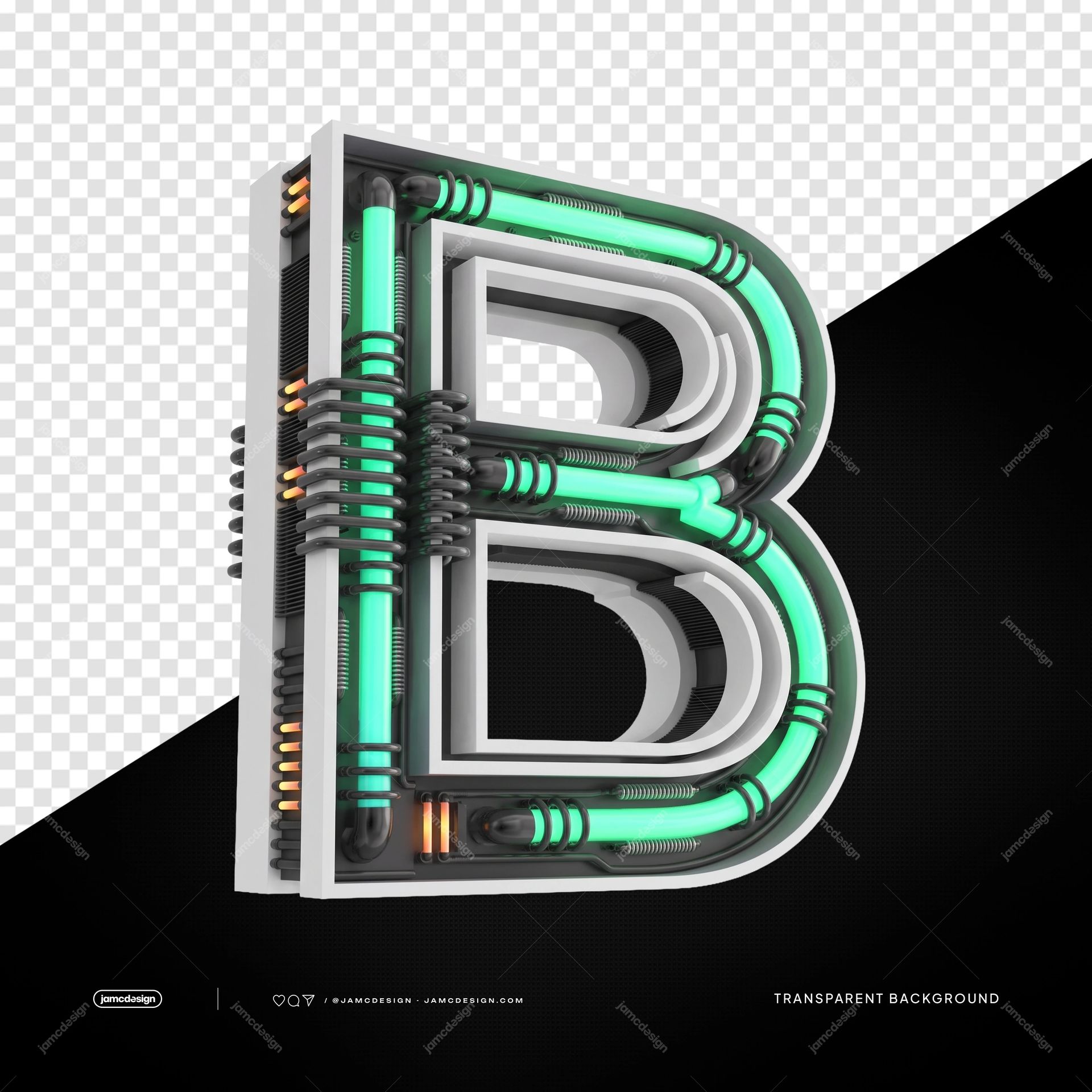 3D Futuristic Industrial Neon Letter B PNG Transparent Background. PNG transparent object showing a 3D industrial letter B