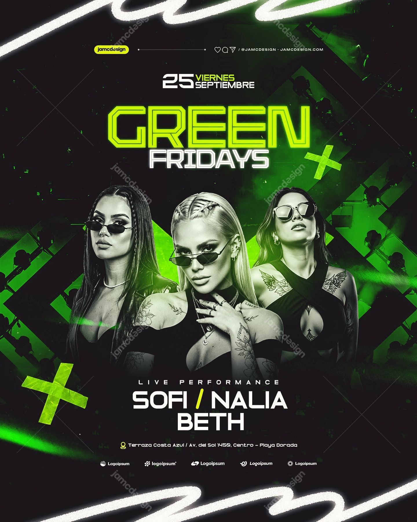 Green Fridays Nightlife Event Flyer PSD. Editable PSD event flyer for a green Friday nightlife promotion, featuring three fashion styled women