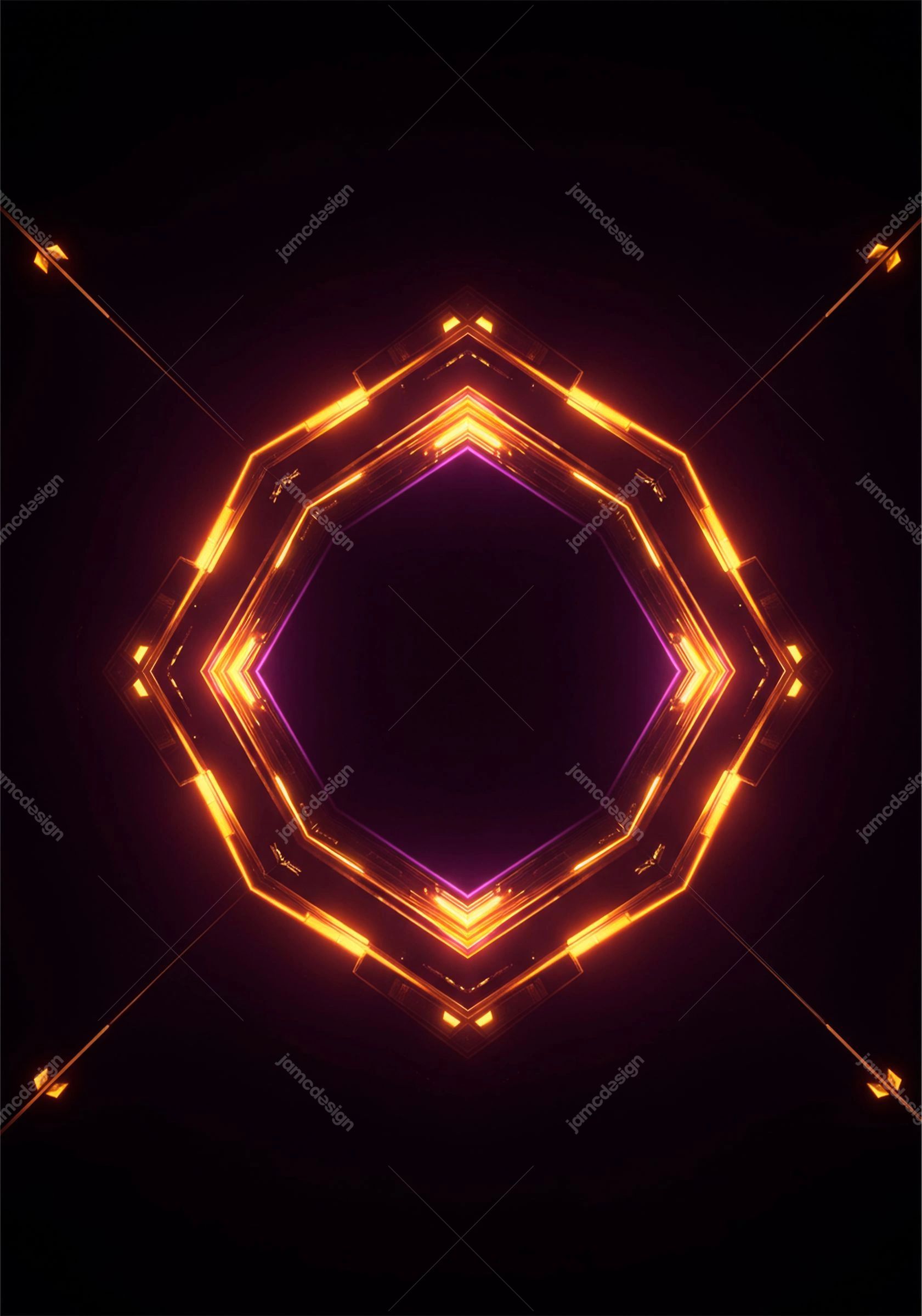 Fondo De Marco De Neón Naranja Y Morado. Fondo JPG con un marco geométrico luminoso y líneas de neón naranjas y moradas superpuestas sobre un fondo negro