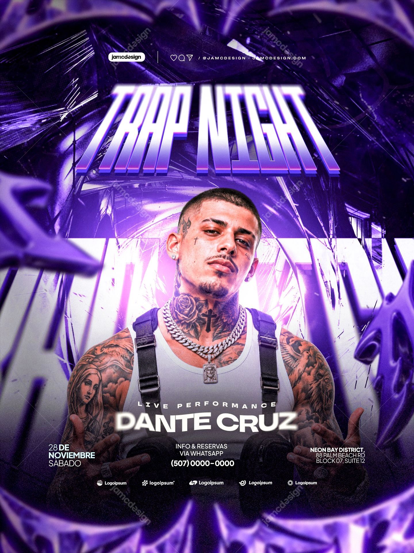 Trap Night Purple Light Flyer Template PSD. Editable PSD event flyer for a trap night, featuring a tattooed man beneath bold condensed lettering amid dramatic