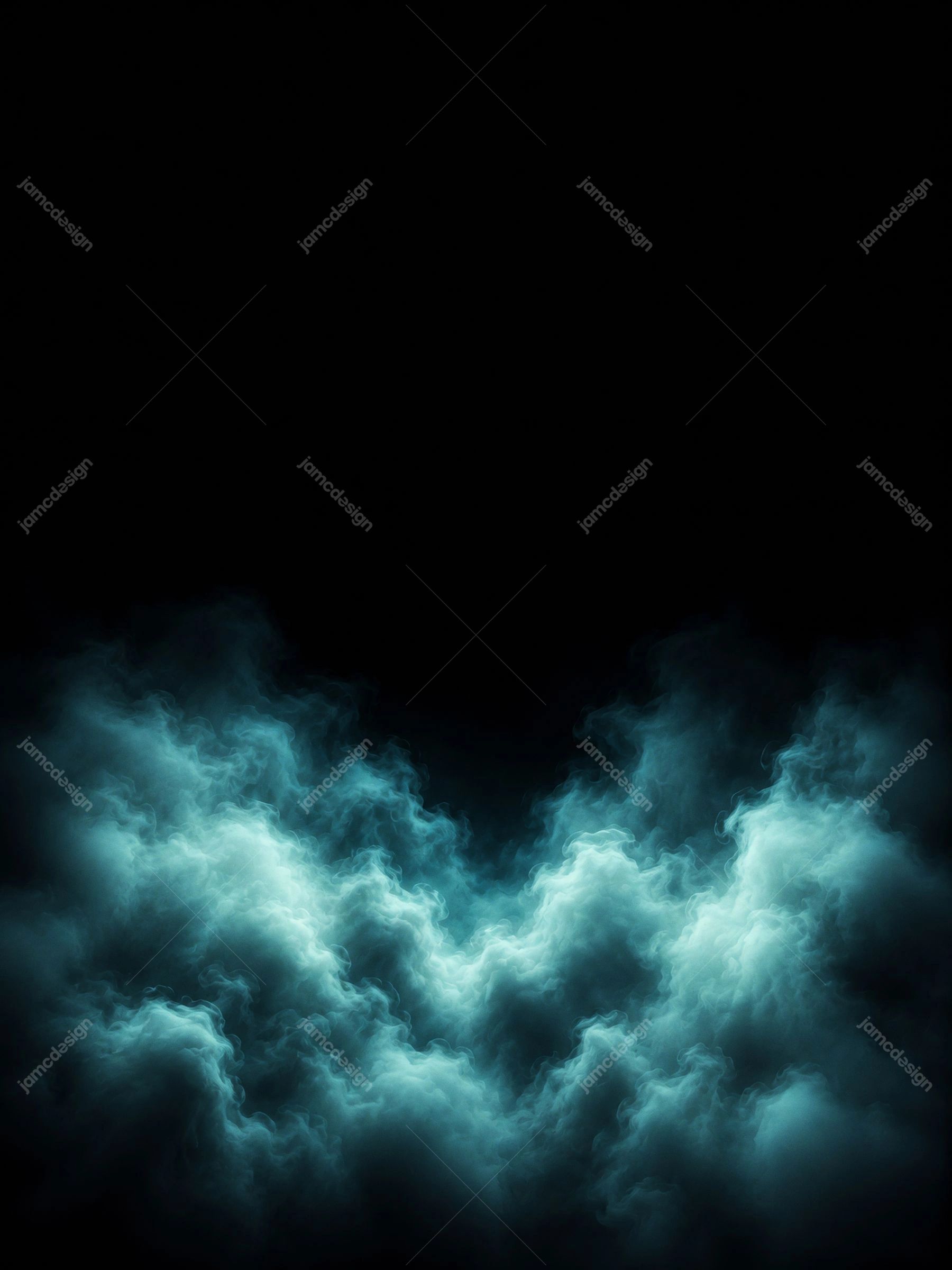 Cyan Clouds With Dark Copy Space Background Vertical Turquoise Smoke. This JPG overlay texture shows luminous turquoise smoke clouds rising from the lower edge