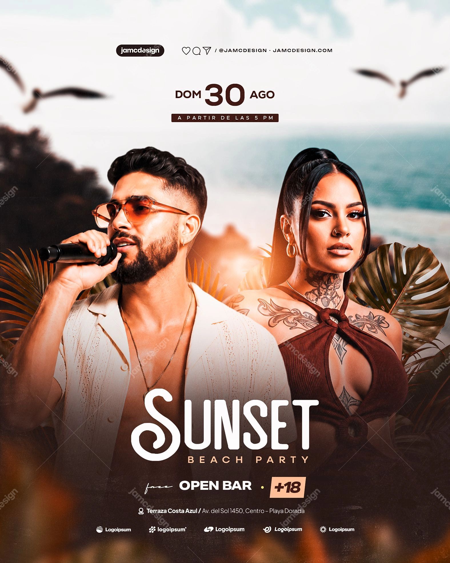 Sunset Beach Party Flyer PSD Template. Editable PSD beach party flyer template, showing a male figure with a microphone and a tattooed woman against a sunset