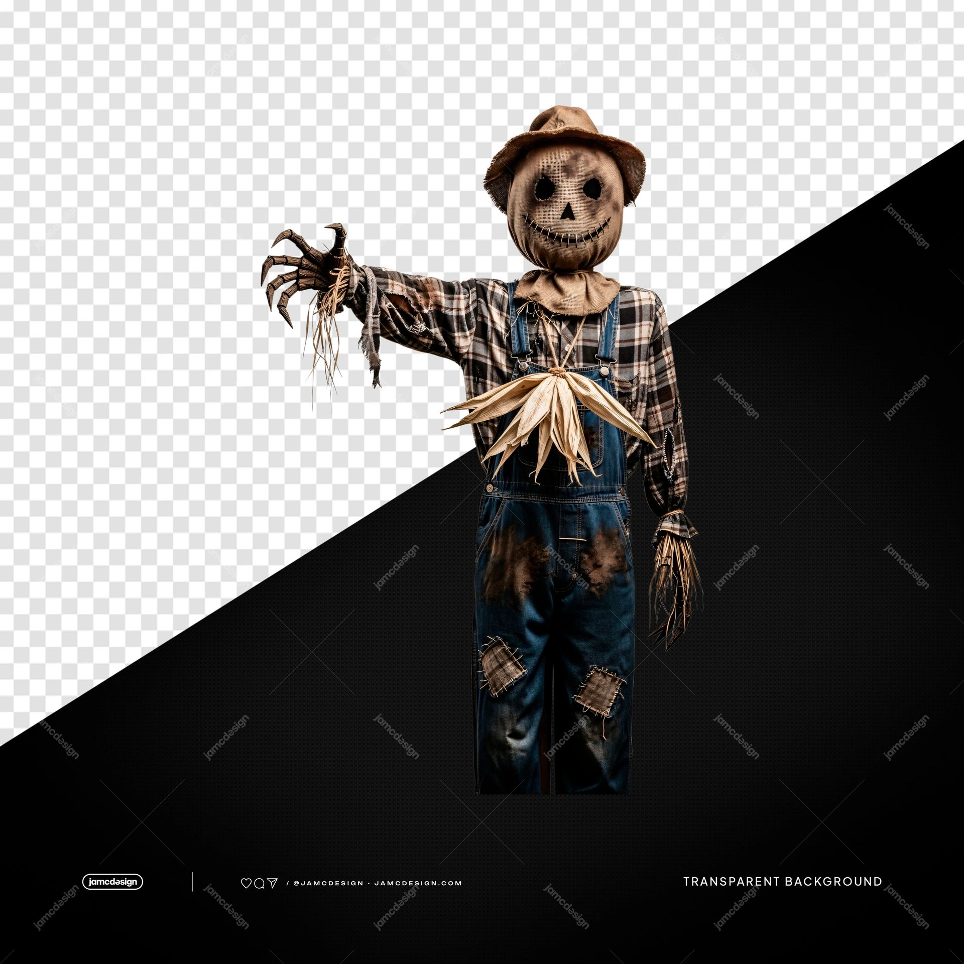 Smiling Scarecrow With Outstretched Arms PNG Transparent. PNG transparent object showing a smiling scarecrow with outstretched arms, a stitched pumpkin face