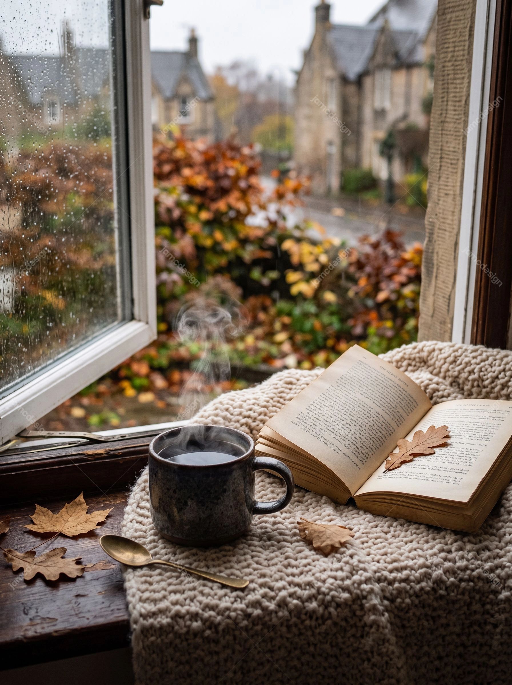 Coffee Mug And Open Book On A Knitted Throw. This JPG photo captures a steaming coffee mug and open book on a knitted throw beside a rainy window