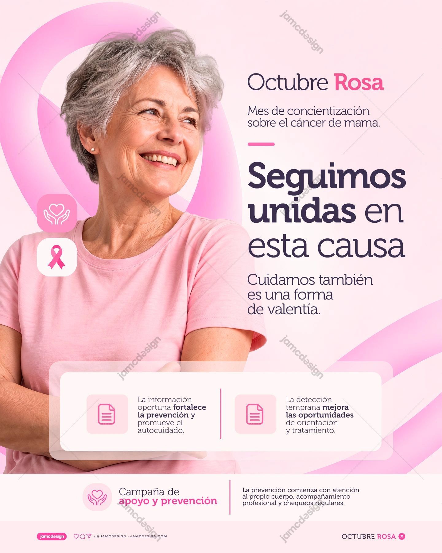 Breast Cancer Awareness Flyer Template PSD. This editable PSD social media template pairs a smiling older woman with pink ribbon graphics in a bright