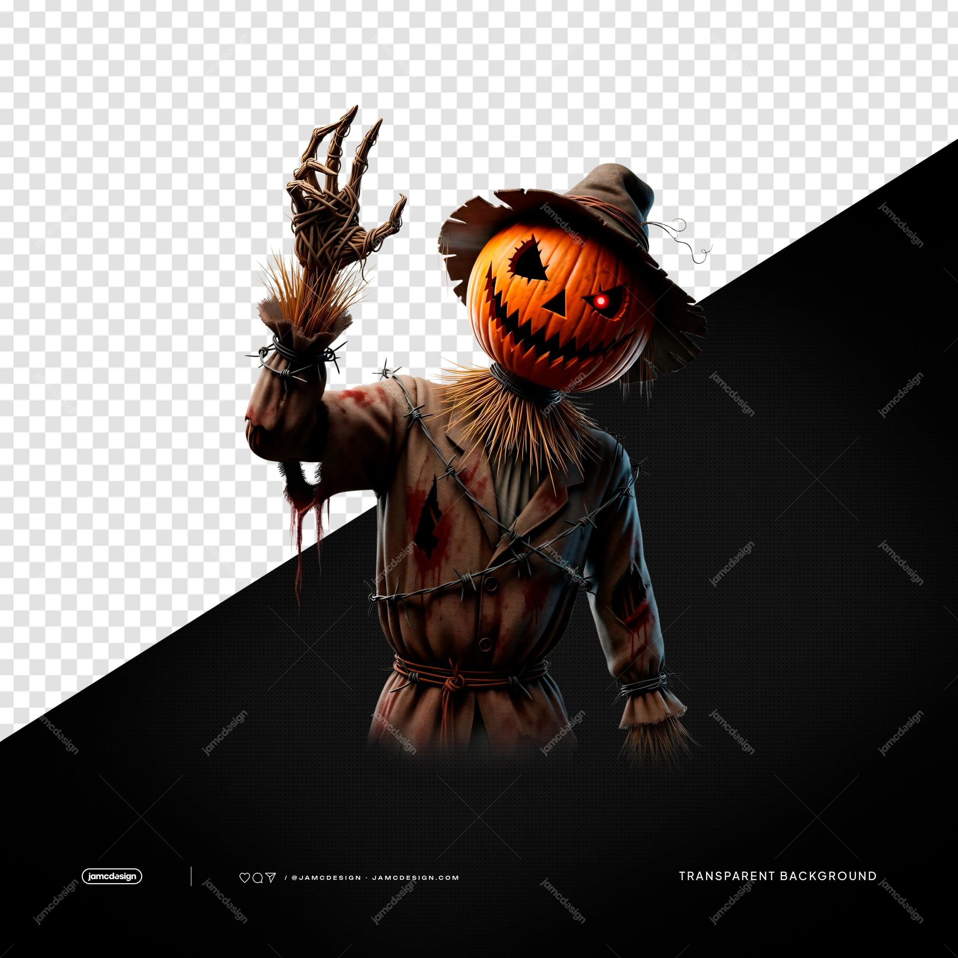 Pumpkin Head Scarecrow With Claw Red Eye PNG Transparent. This PNG transparent object shows a pumpkin headed scarecrow with a raised claw