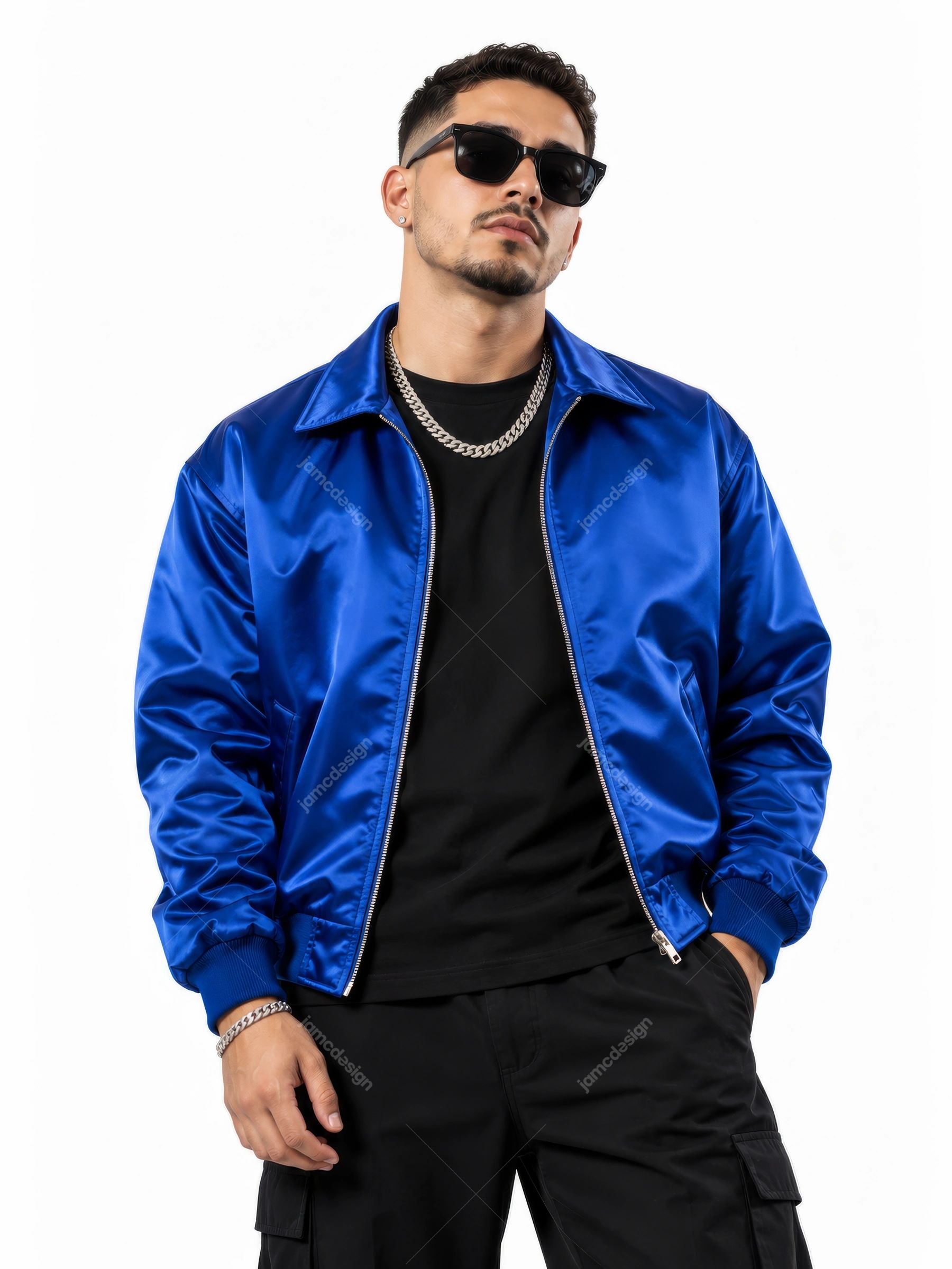 Man In Blue Satin Jacket And Sunglasses PNG. This PNG photo shows a man posing in dark sunglasses