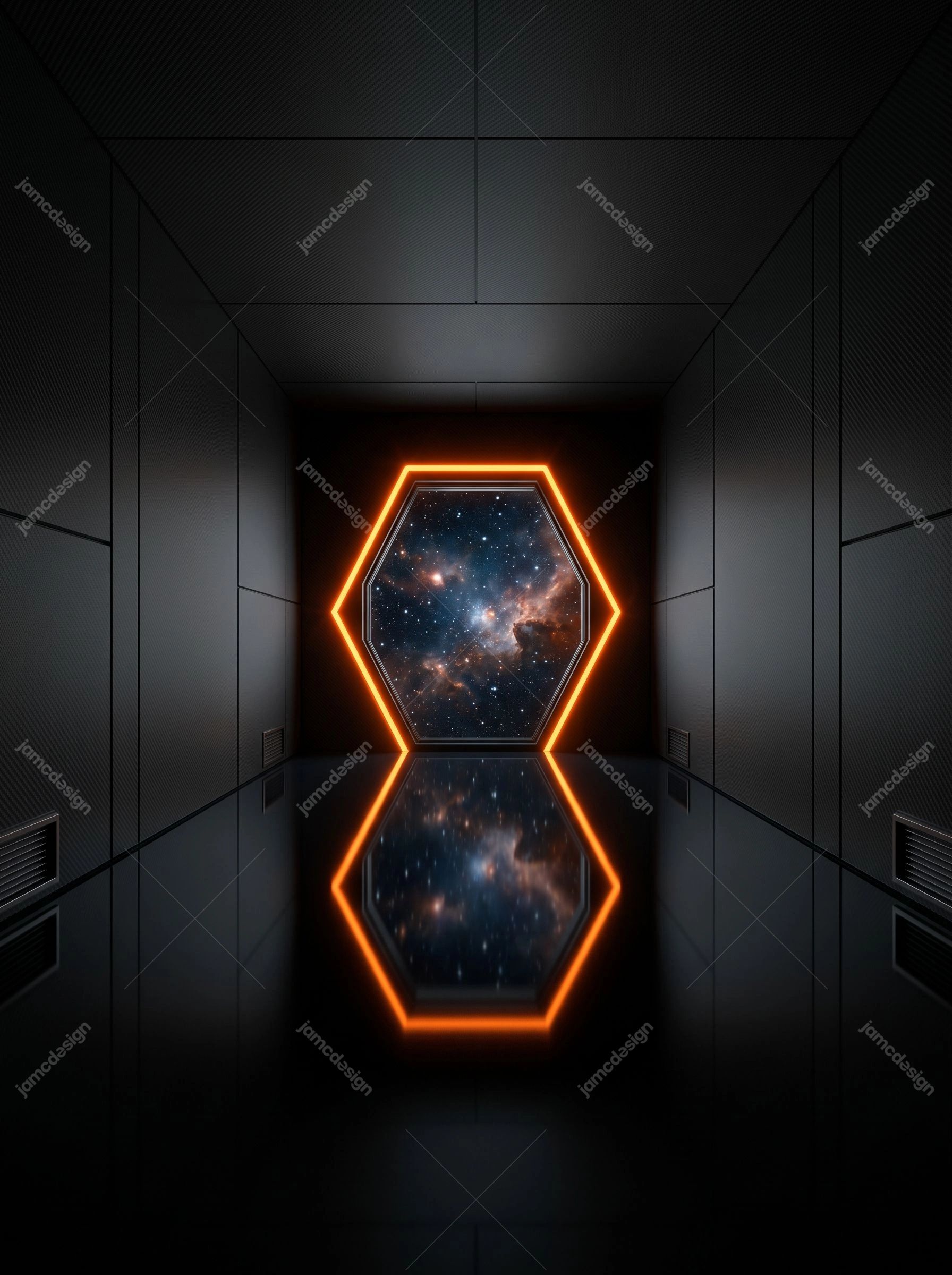 Orange Hexagonal Space Portal Background. Download this JPG background showing a glowing orange hexagonal portal opening onto a star filled space view inside