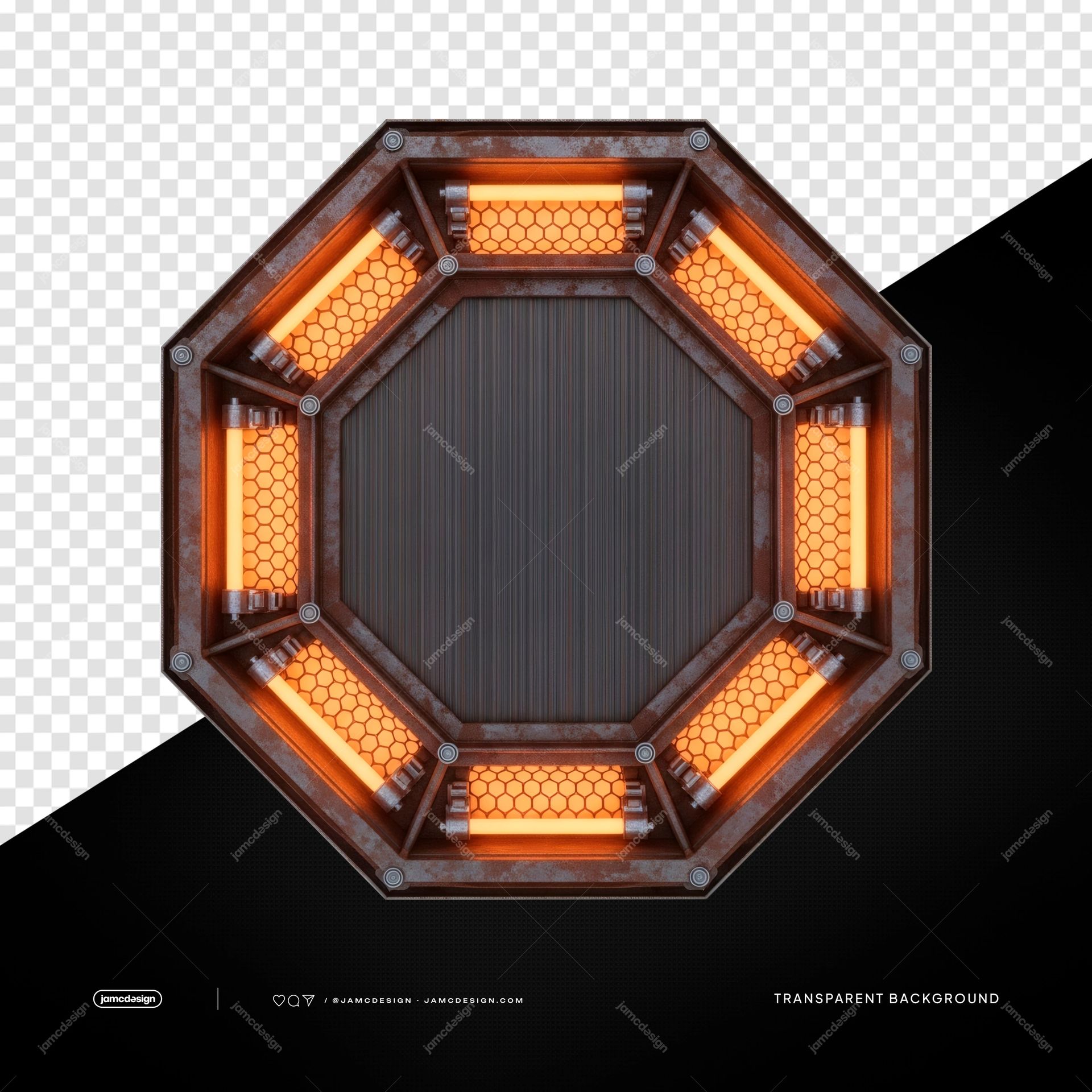 Octagonal Industrial LED Light Frame PNG Transparent. This PNG transparent object shows an octagonal industrial LED light frame with weathered metal panels