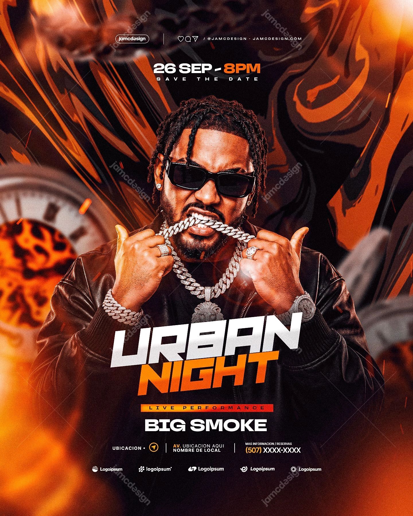 Urban Night Flyer With Orange Flame Graphics PSD. Download this editable PSD event flyer featuring a male performer in sunglasses and jewelry