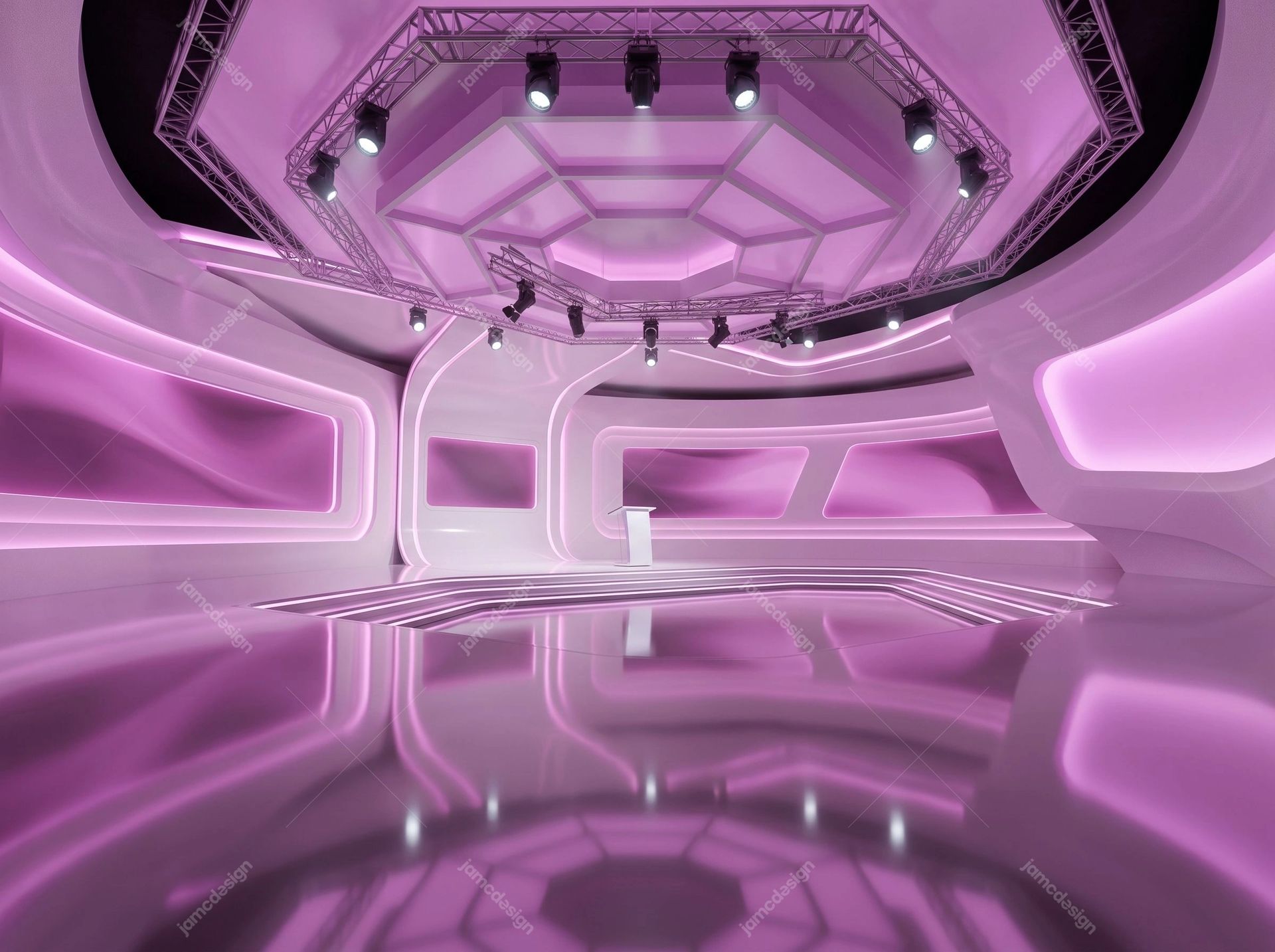 Pink Sci-Fi Auditorium Interior Background. Download this JPG background showing a glossy pink futuristic interior with geometric ceiling panels