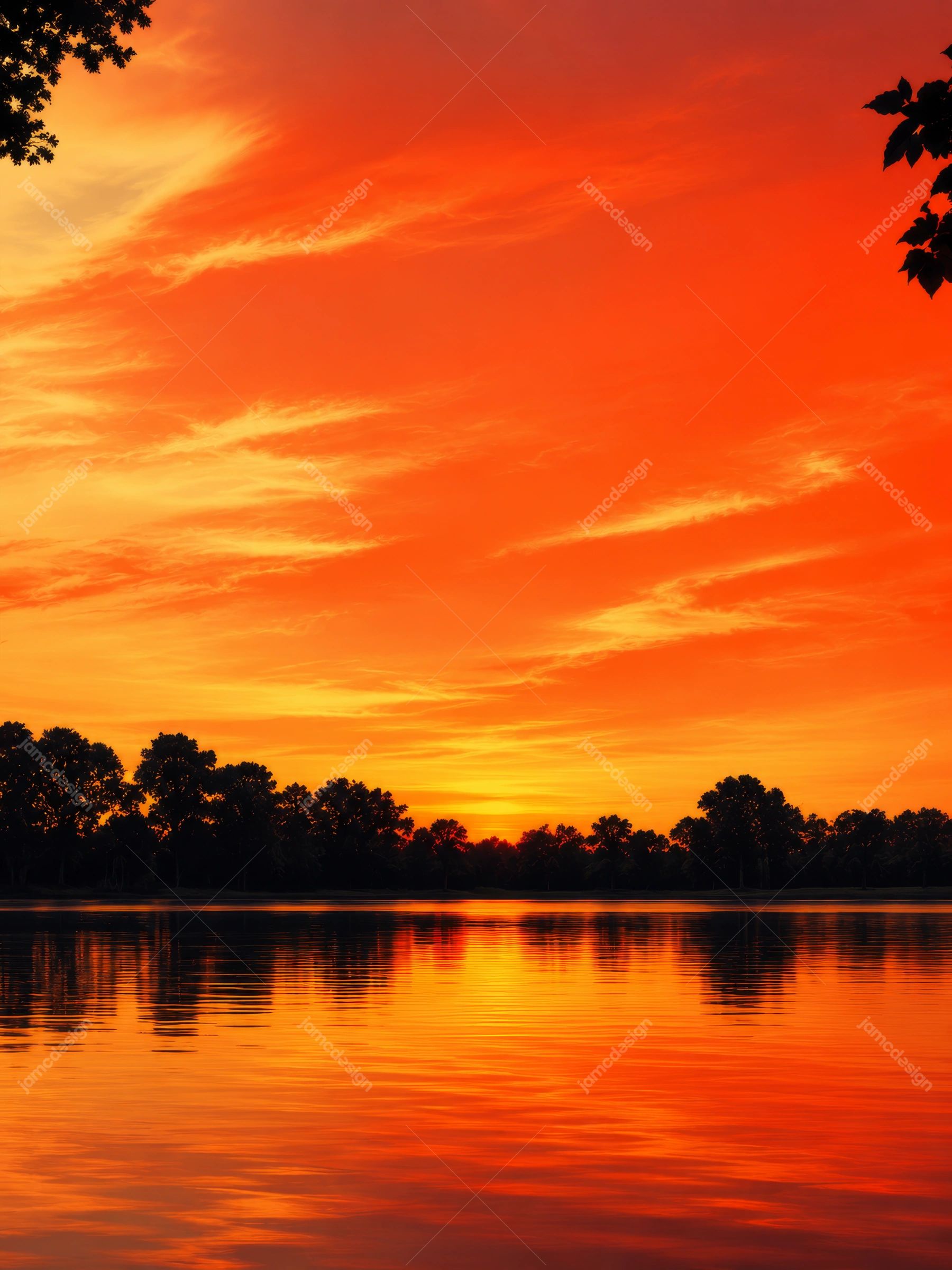 Orange Sunset Over Lake Background PNG. This PNG background captures a vivid orange sunset reflected across a calm lake