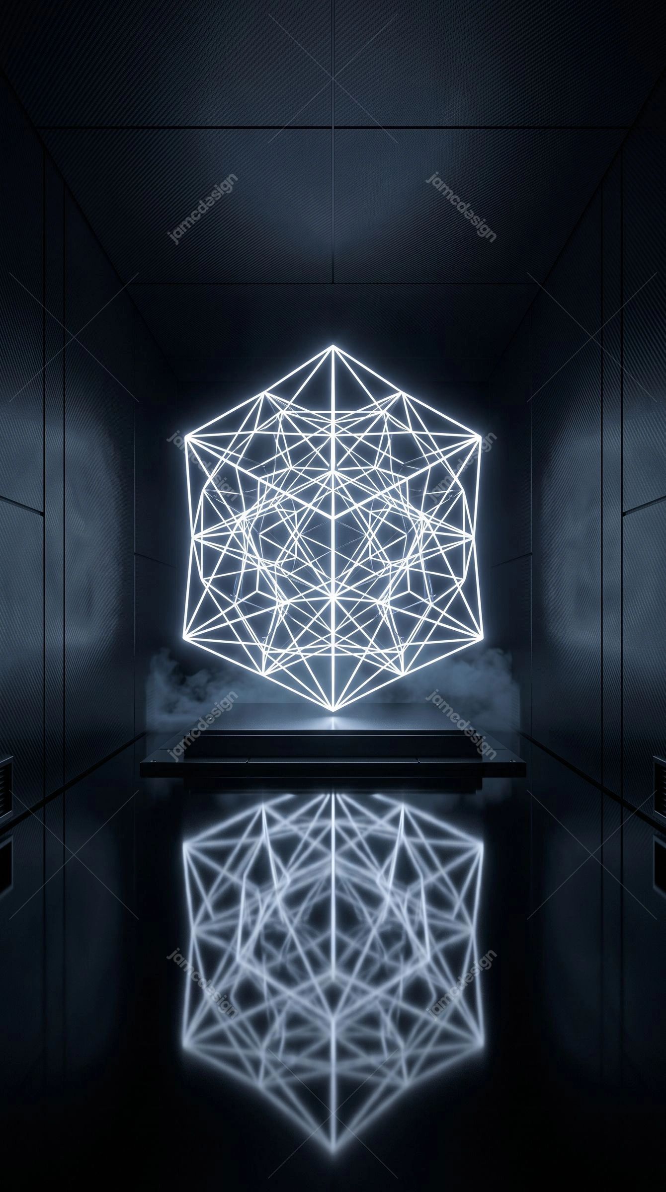 Glowing Geometric Wireframe Sculpture Background. Download this JPG background showing a glowing white geometric wireframe sculpture in a dark futuristic room