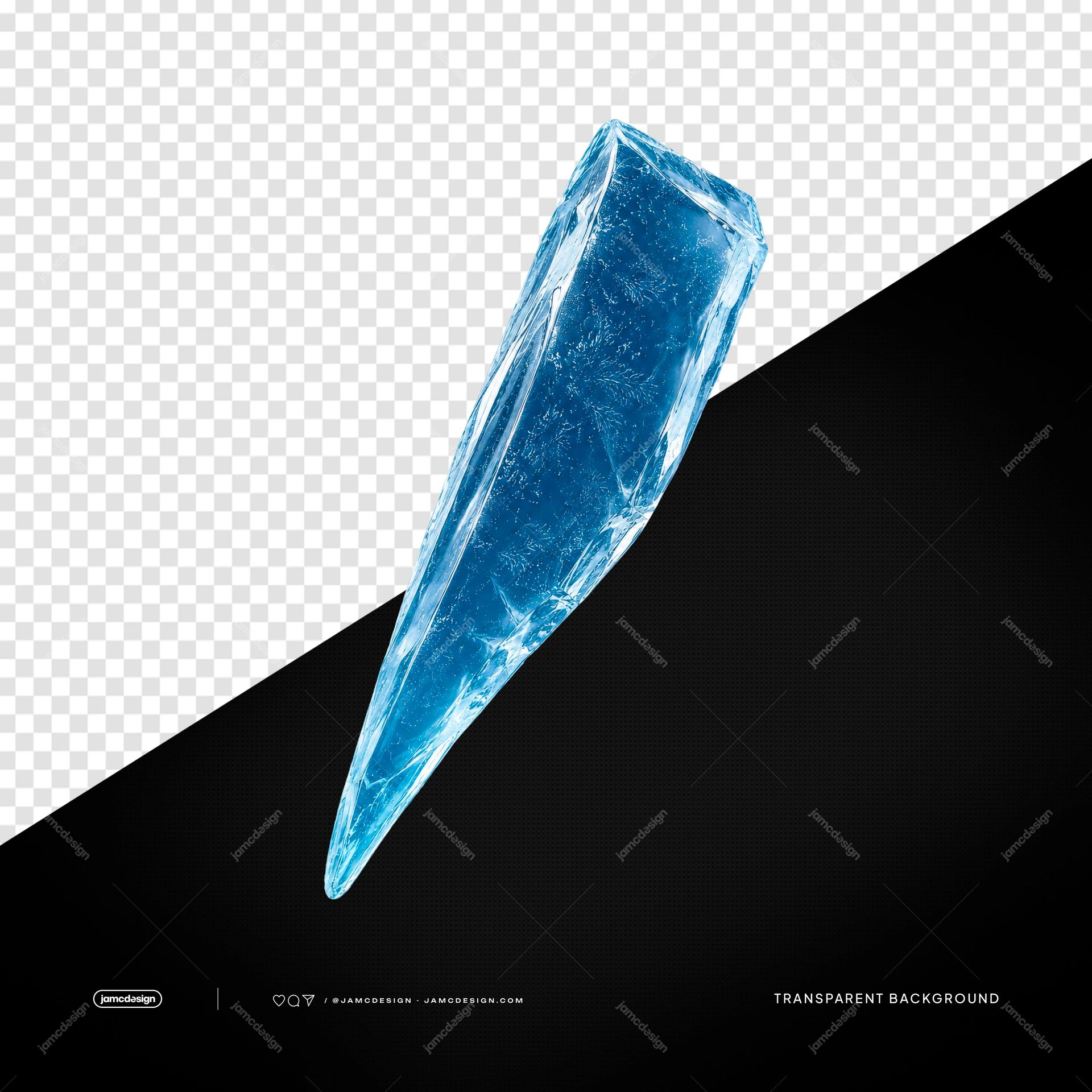 Long Blue Ice Shard Crystal Transparent Object PNG. A PNG transparent object featuring a long blue crystal ice shard with sharp faceted edges