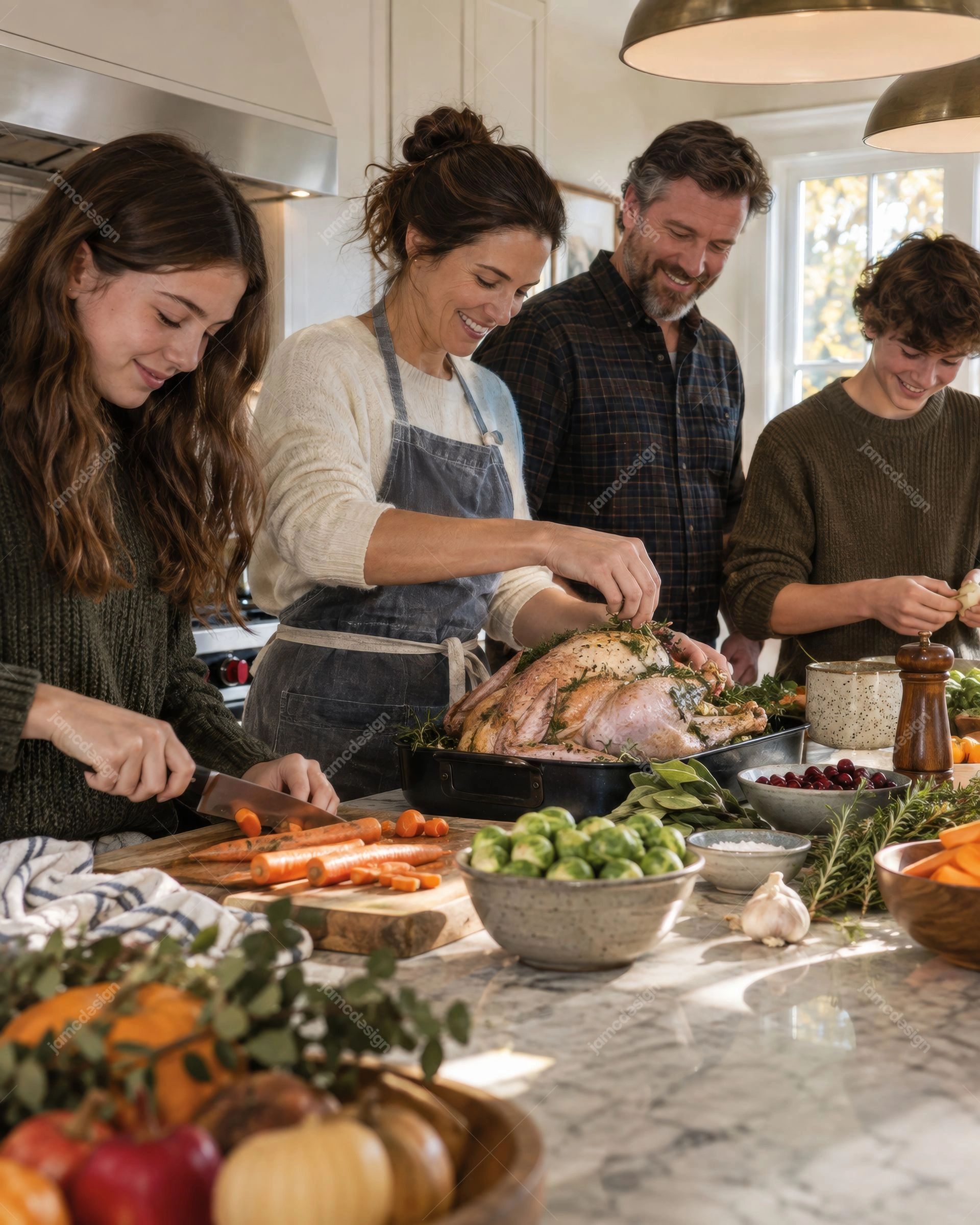 Famille Préparant Le Dîner De Thanksgiving Dans La Cuisine. Cette photo JPG réaliste montre une famille préparant le dîner de Thanksgiving dans une cuisine