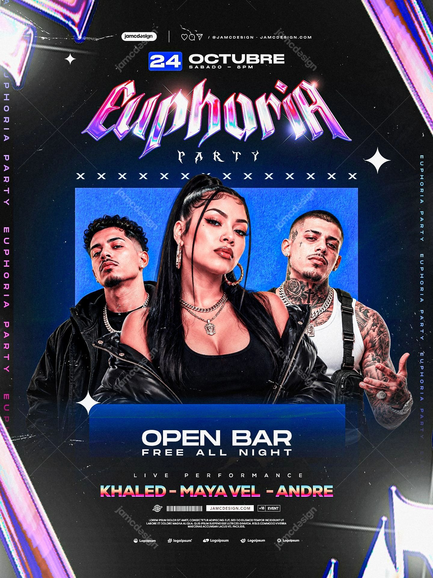 Euphoria Nightclub Party Flyer Template PSD. This editable PSD event flyer features three fashion styled performers, bold gothic lettering