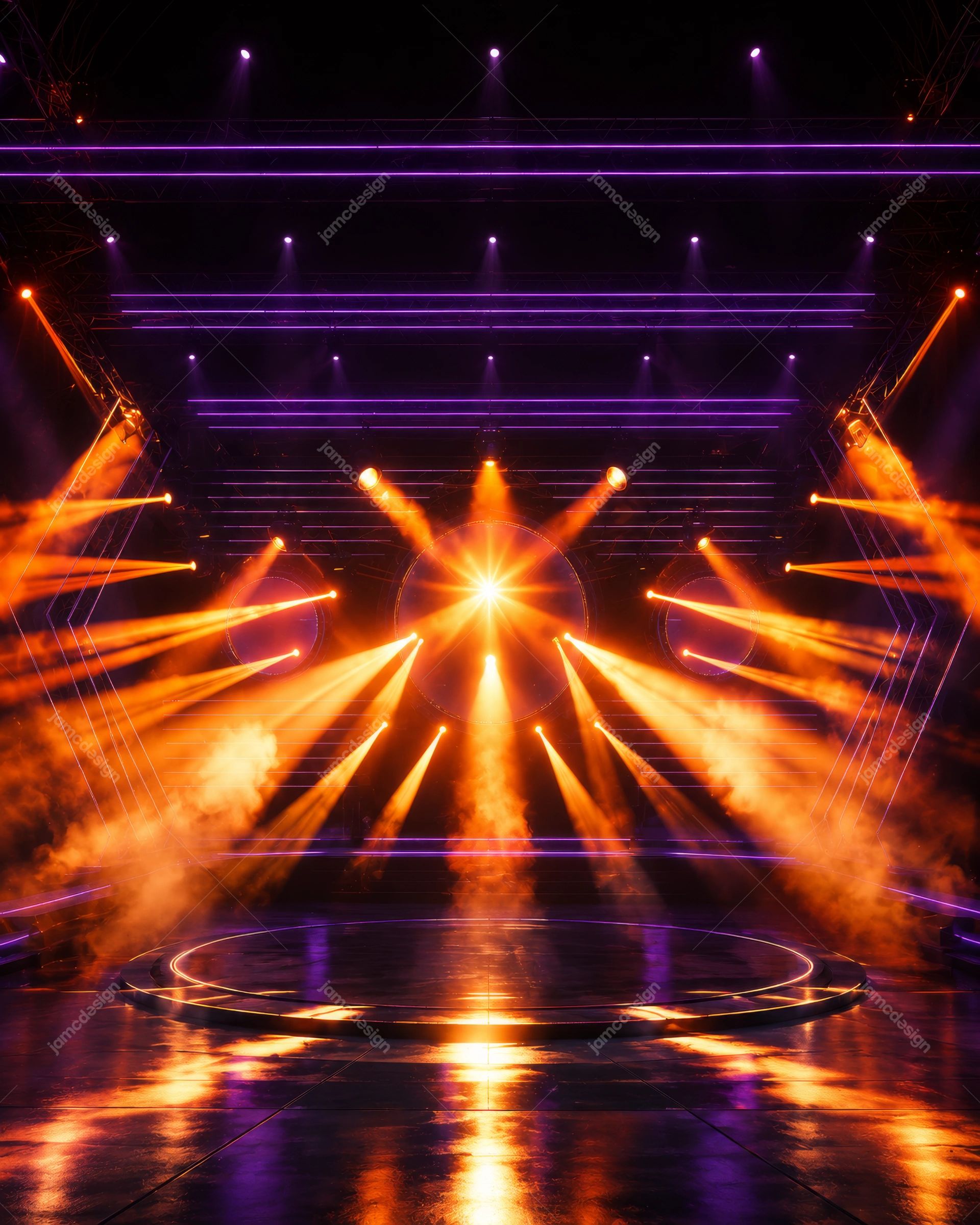 Orange And Purple Concert Stage Background. This PNG stage background features vivid orange beams, purple strip lights and a glossy reflective floor in a dark