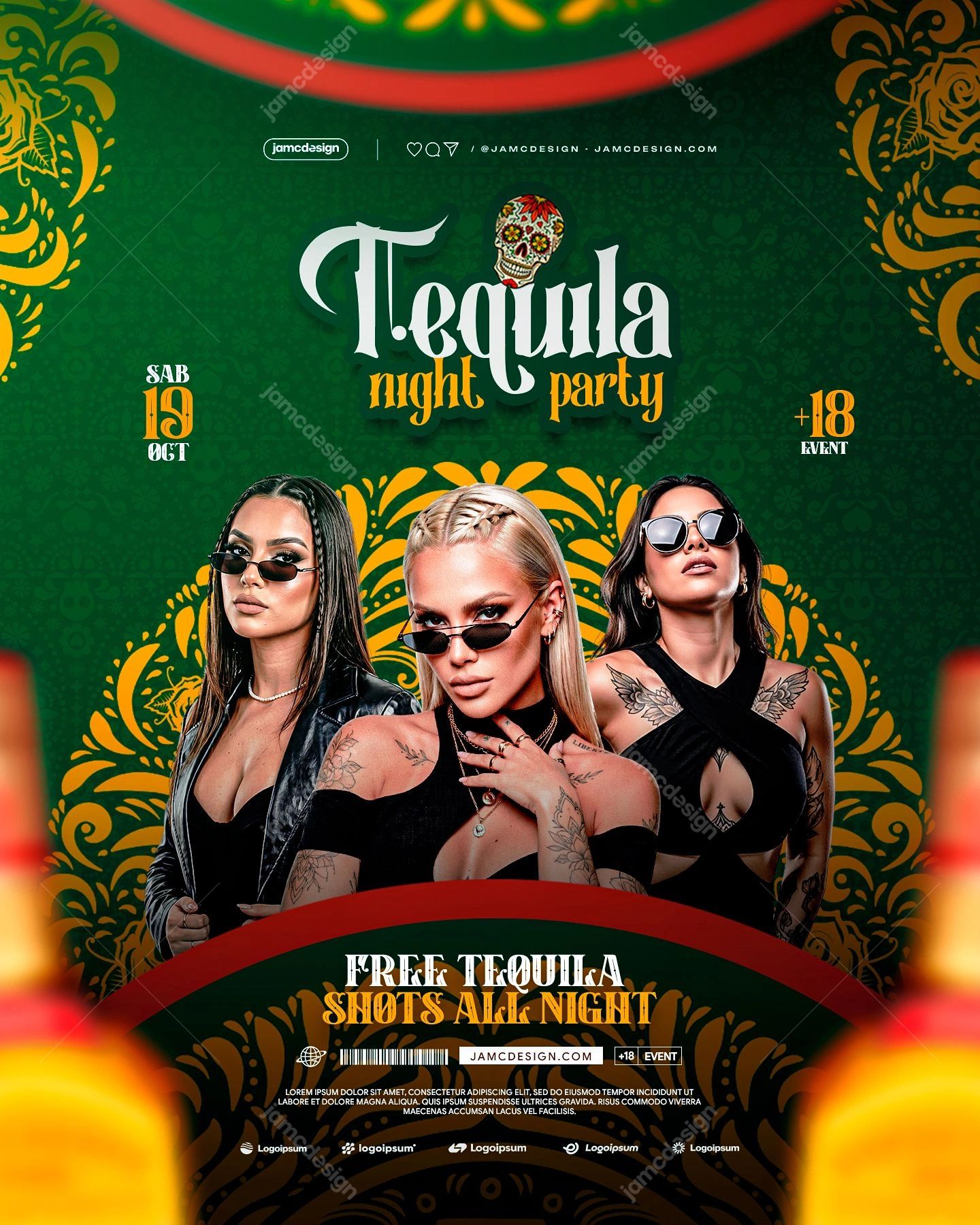 Tequila Night Party Flyer Template PSD. Download this editable PSD event flyer featuring three women in sunglasses