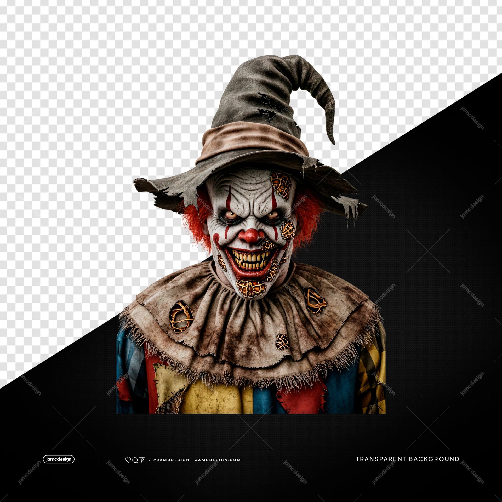 Creepy Clown With Witch Hat Horror Carnival Character PNG Transparent. Creepy clown character in a pointed witch hat, supplied as a PNG transparent object