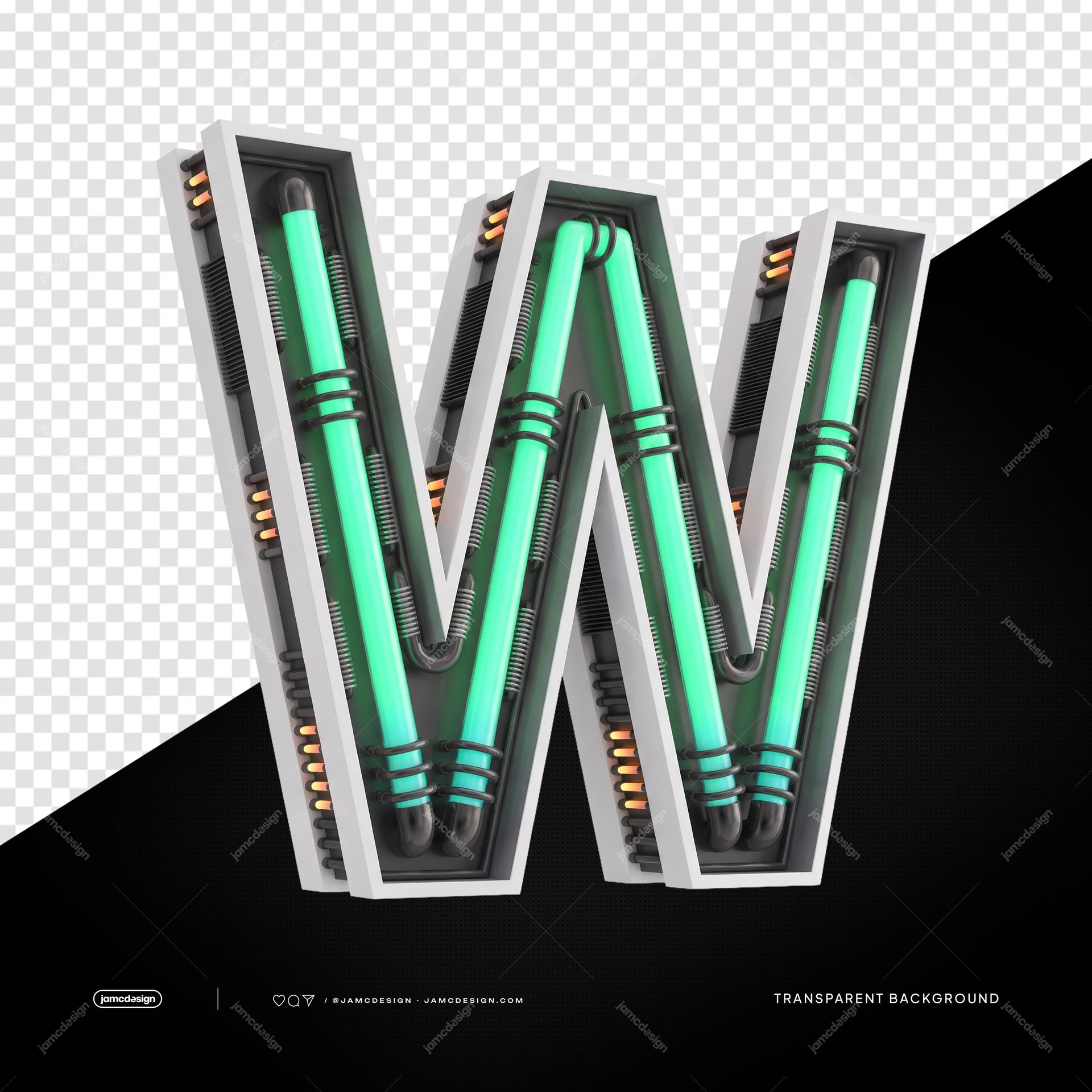 3D Futuristic Industrial Neon Letter W PNG Transparent Background. 3D futuristic industrial neon letter W supplied as a PNG with a transparent background