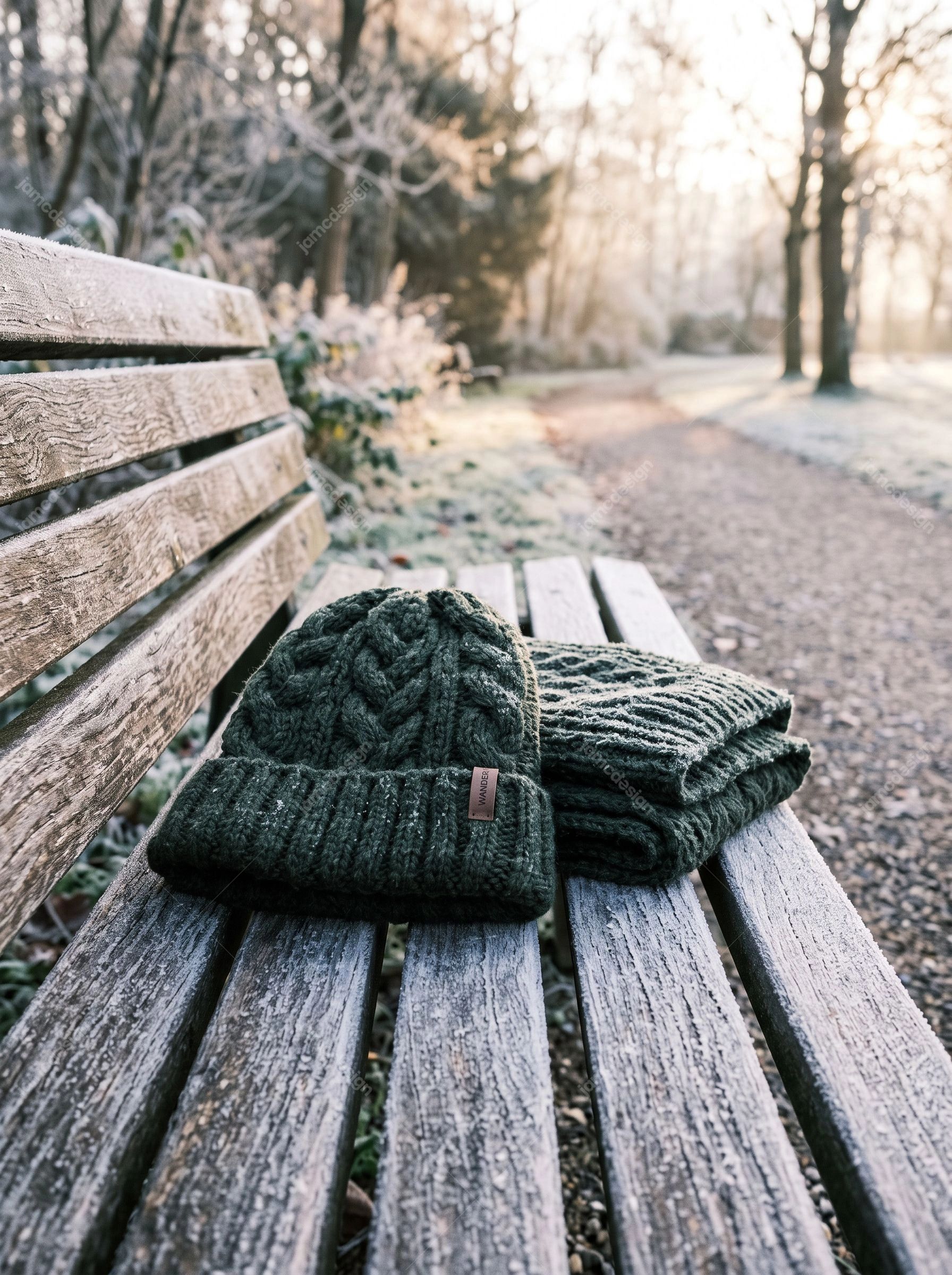 Bonnet Et Écharpe En Tricot Sur Un Banc De Parc. Téléchargez cette photo JPG d’un bonnet et d’une écharpe en maille posés sur un banc de parc en bois vieilli