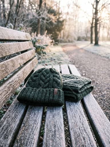 Winter Knit Beanie And Scarf On A Park Bench
