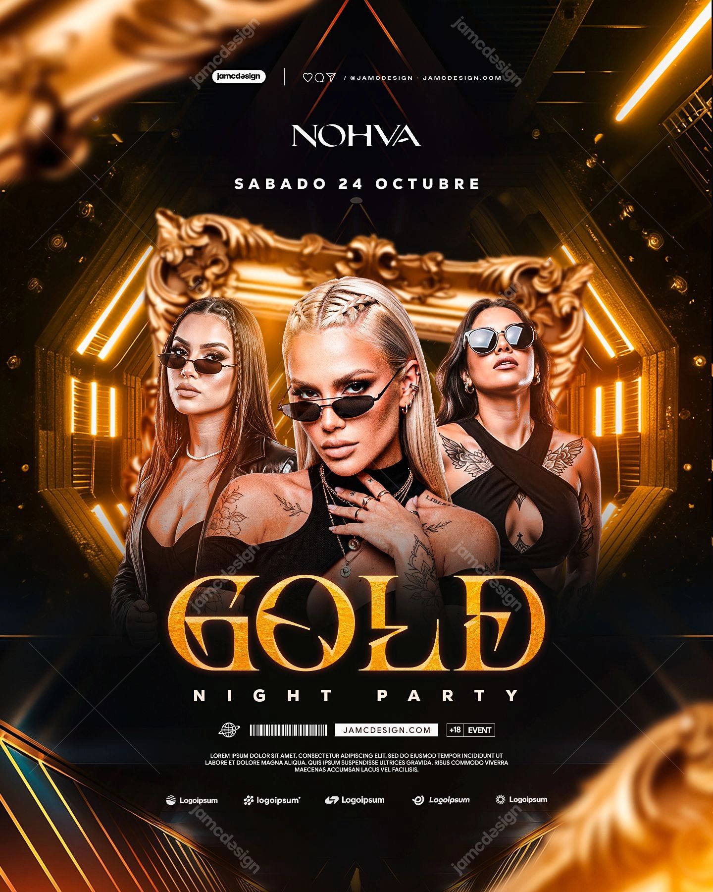 Gold Frame Night Party Flyer Template PSD. Download this editable PSD event flyer featuring three fashion models in sunglasses