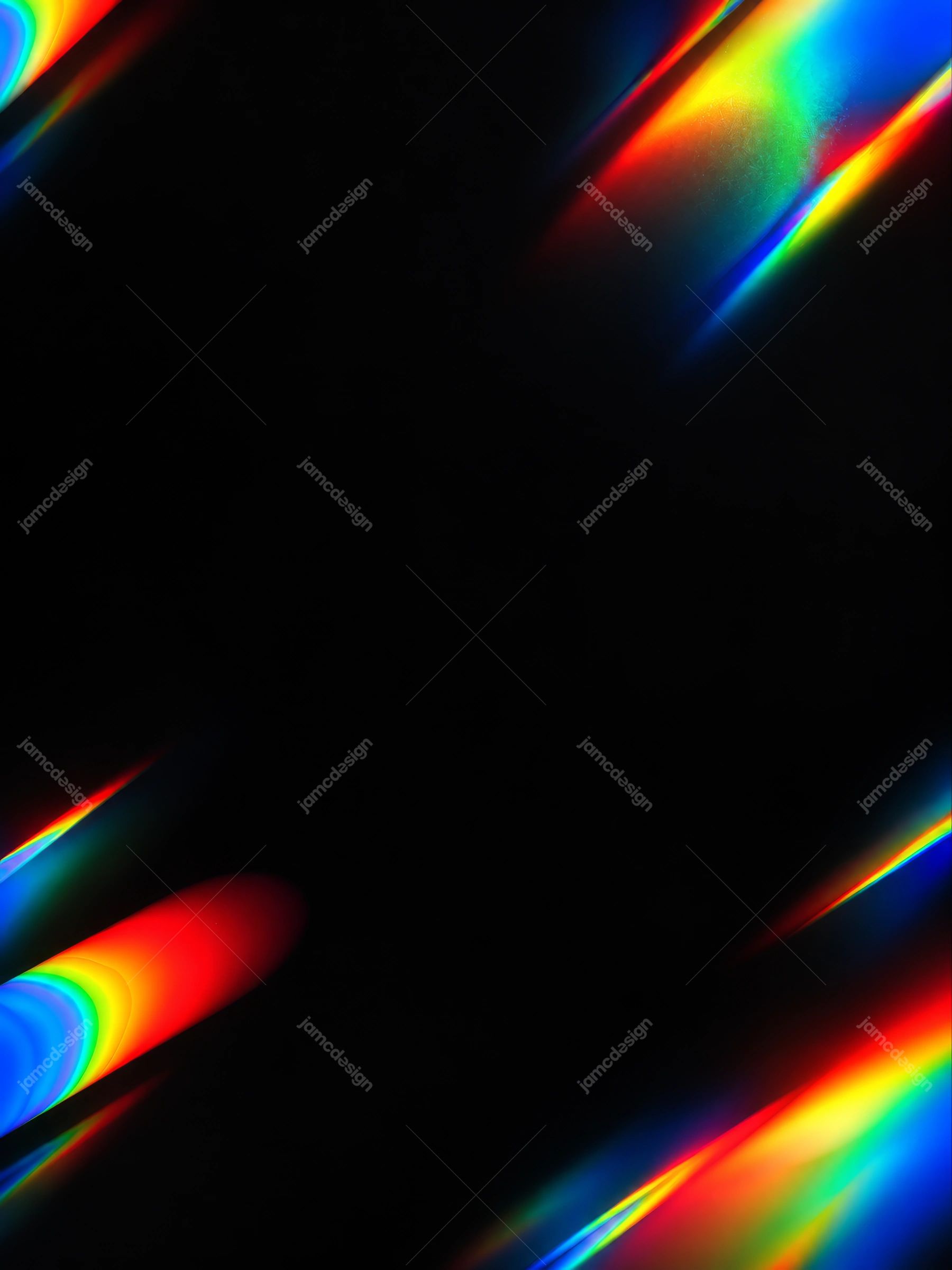 Rainbow Prism Light Background. Download this PNG background of rainbow prism light effects, with vivid diagonal bands crossing a deep black field