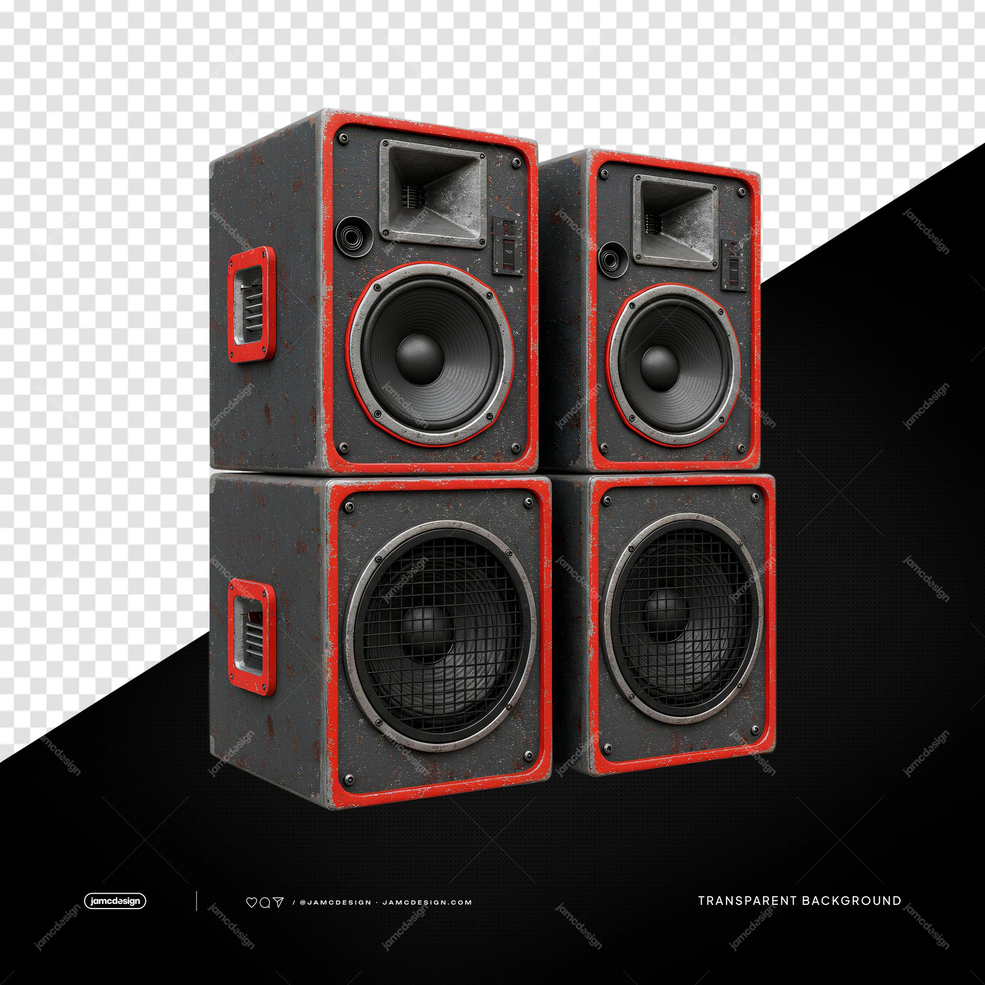 Black Speaker Tower Pair With Red Trim PNG Transparent. A PNG transparent object showing a pair of rugged black speaker towers with red trim, large woofers