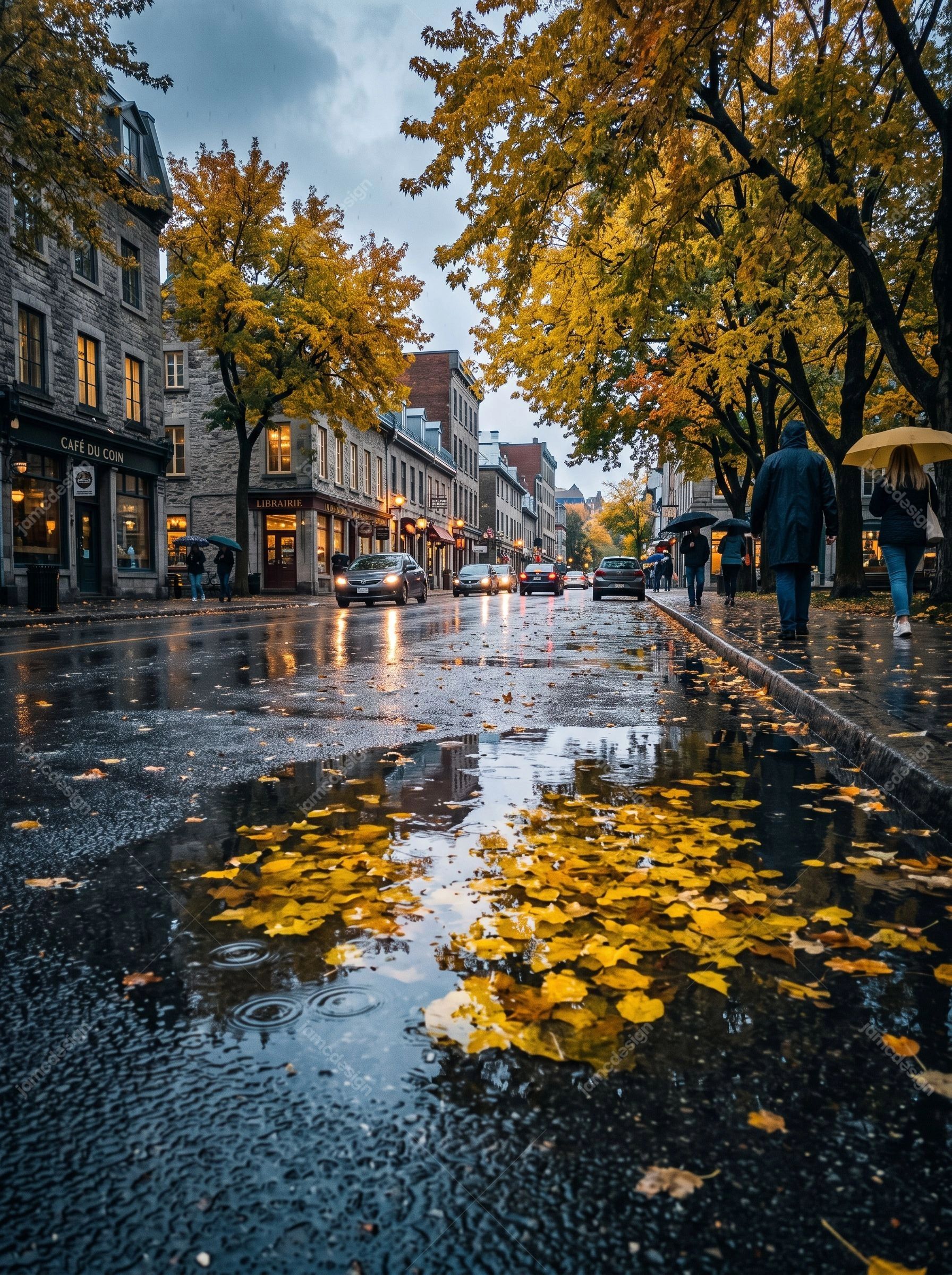 Photo D'Une Rue Urbaine En Automne Sous La Pluie. Téléchargez cette photo JPG réaliste d’une rue urbaine en automne, avec des passants, des voitures garées