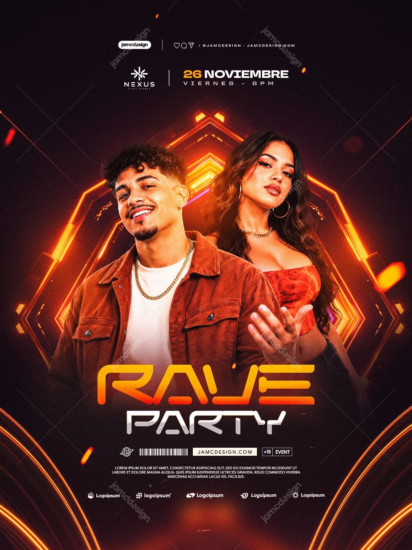 Plantilla De Flyer Para Fiesta Rave Con Neón Naranja PSD. Este volante para evento en PSD combina a un hombre y una mujer con gráficos geométricos naranjas