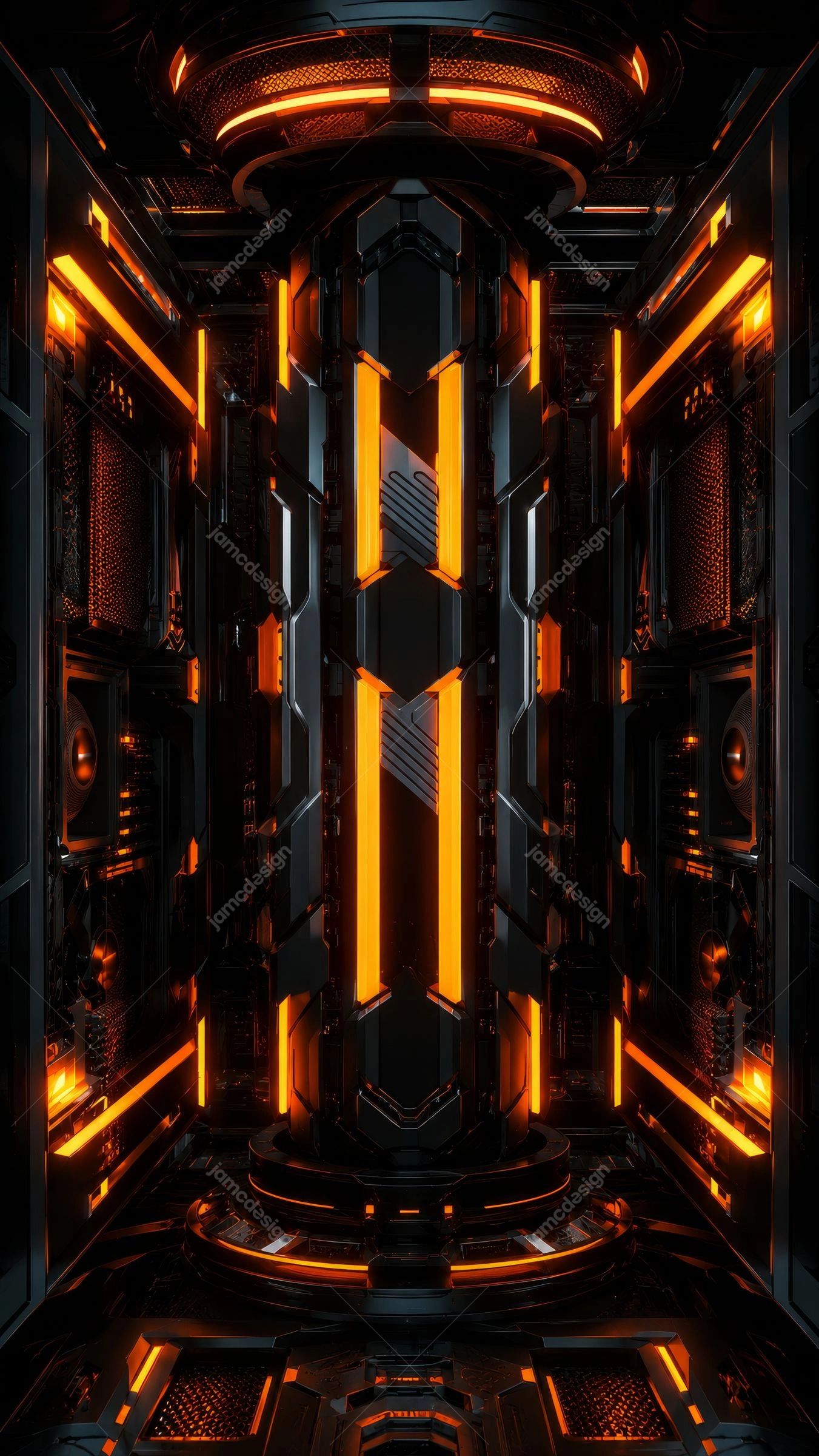 Fondo De Núcleo De Reactor Cibernético De Neón Naranja. Fondo JPG que muestra un núcleo de reactor central dentro de una cámara industrial futurista y oscura