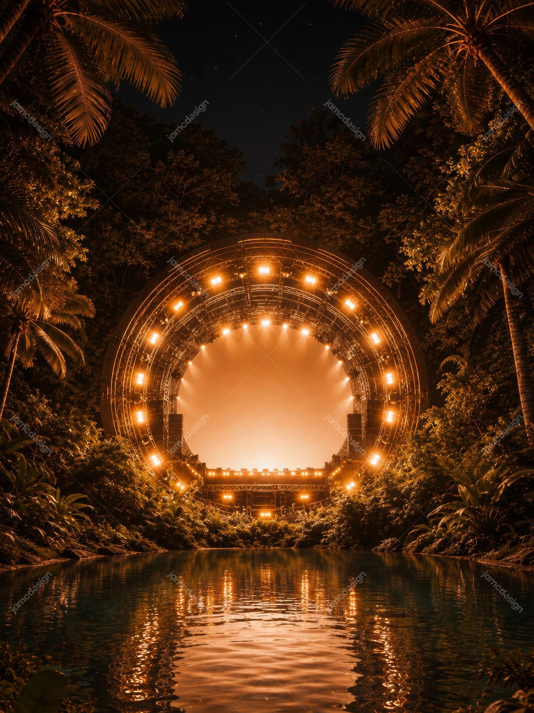 Amber Jungle Concert Stage Glowing Arch Background JPG. JPG background showing an amber lit concert stage framed by dense jungle foliage and palm trees