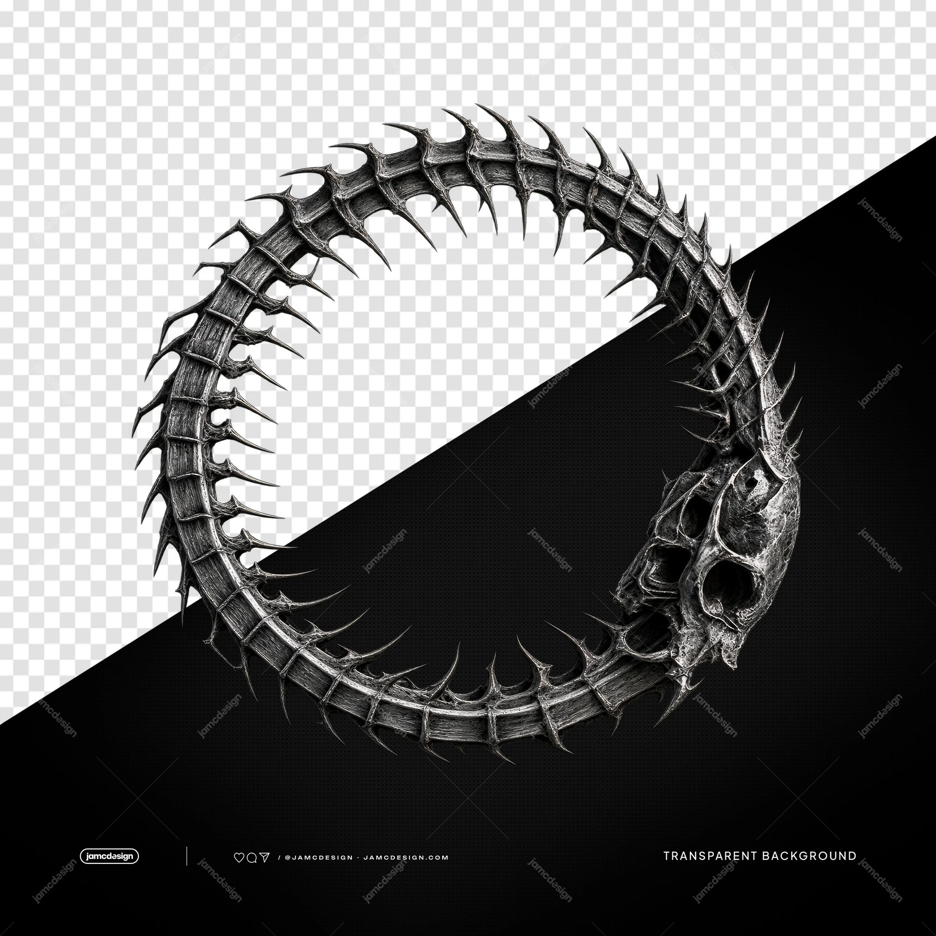 Bone And Thorn Ring With Skull PNG. This PNG transparent object features a circular ring of dark, skeletal bones and sharp thorns