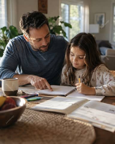 Father And Daughter Studying At A Sunlit Home Table
