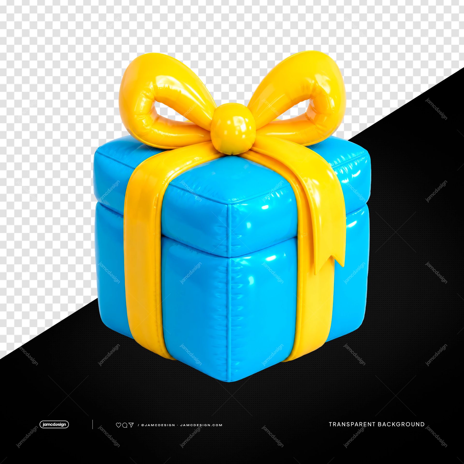 Pastel Unicorn Balloon Head Isolated. Glossy PNG transparent object featuring a bright blue gift box wrapped with a large yellow balloon bow