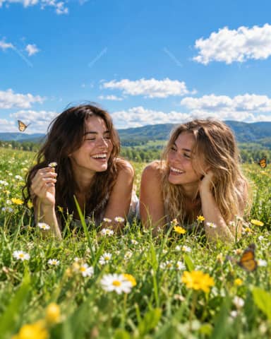 Laughing Friends In Wildflower Meadow