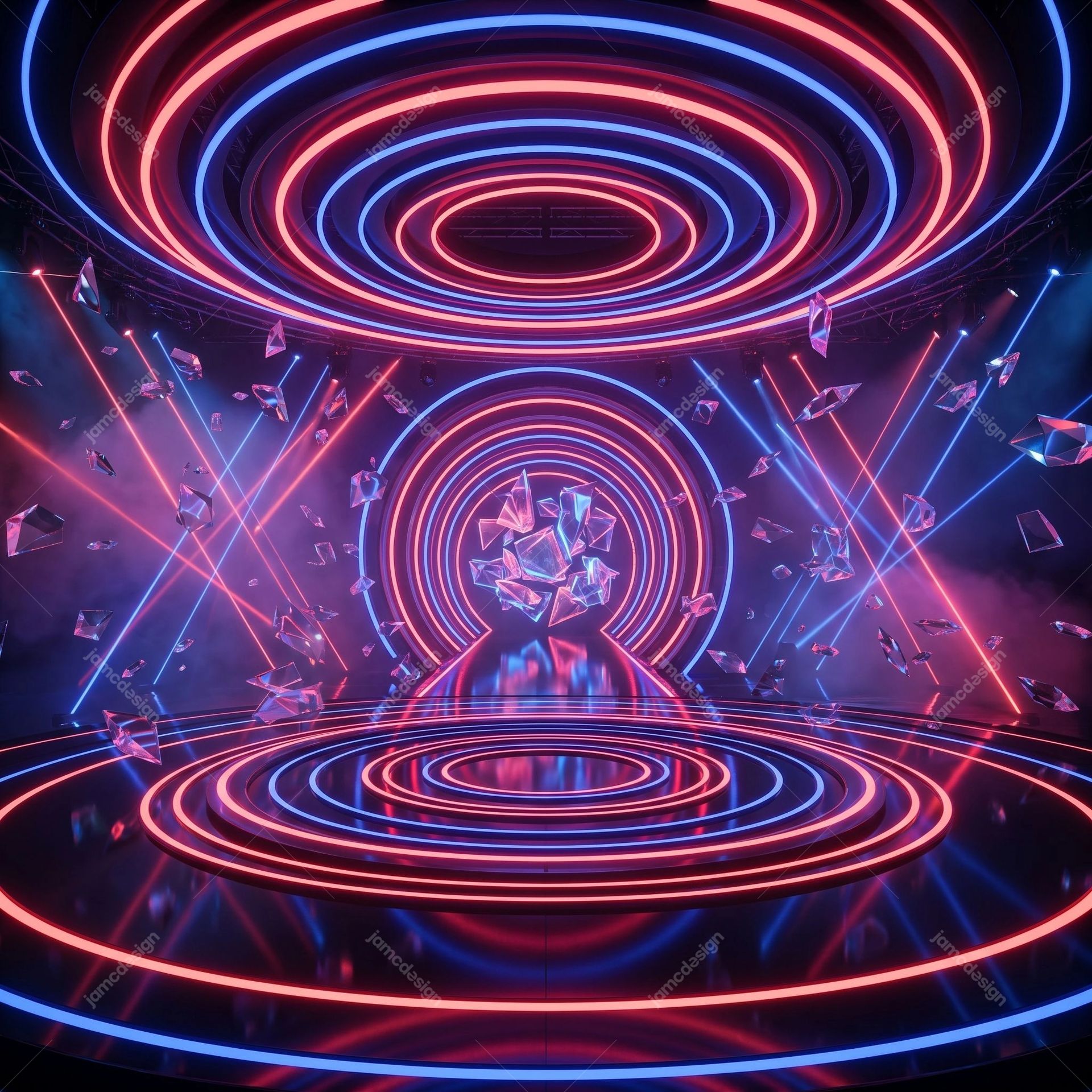 Futuristic Sci-Fi Interior With Red And Blue Neon Rings. Download this JPG background featuring a futuristic sci-fi interior with concentric red and blue neon
