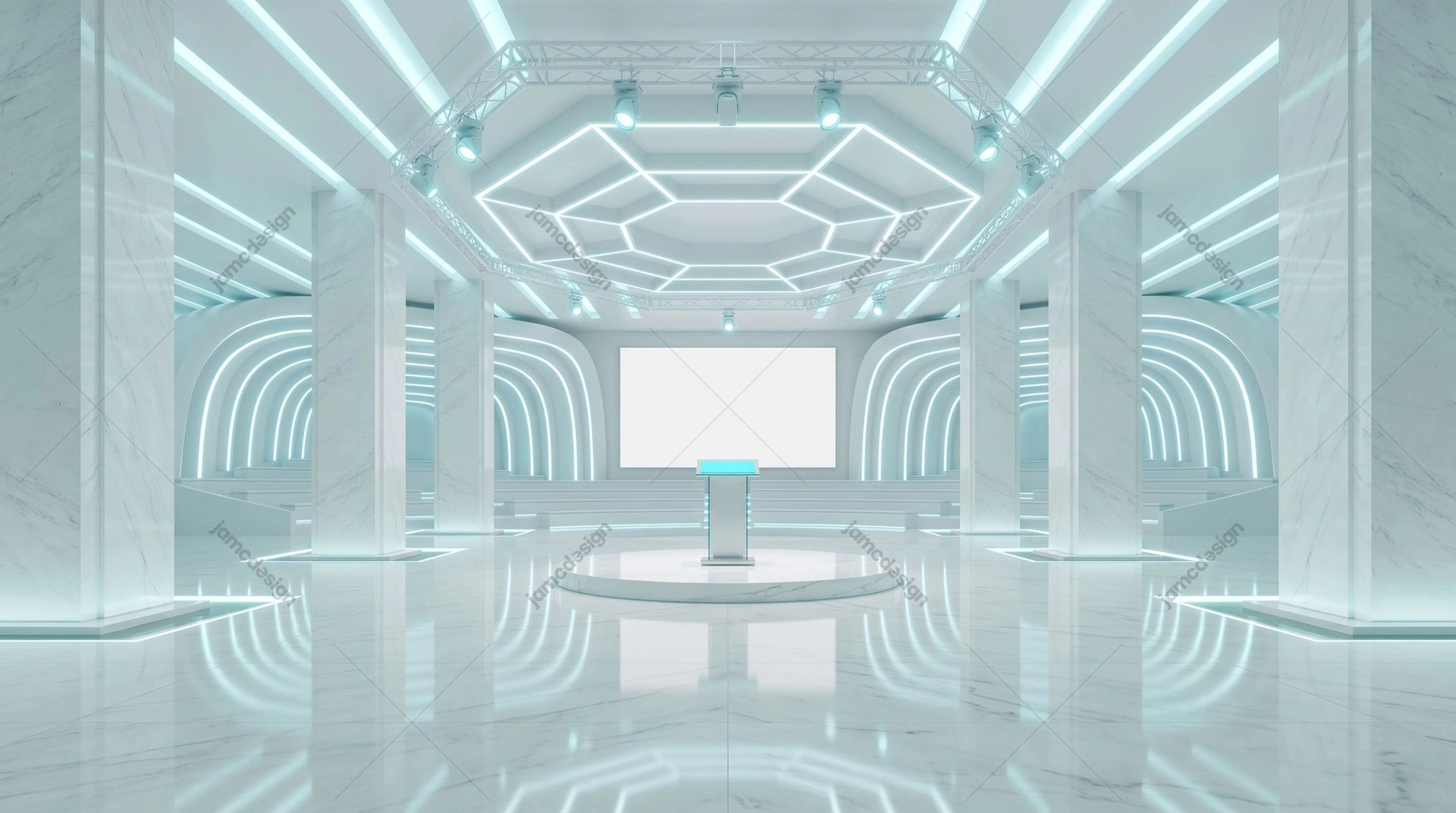 Futuristic Exhibition Hall With Central Platform Background. Download this JPG background of a bright futuristic exhibition hall with a reflective white