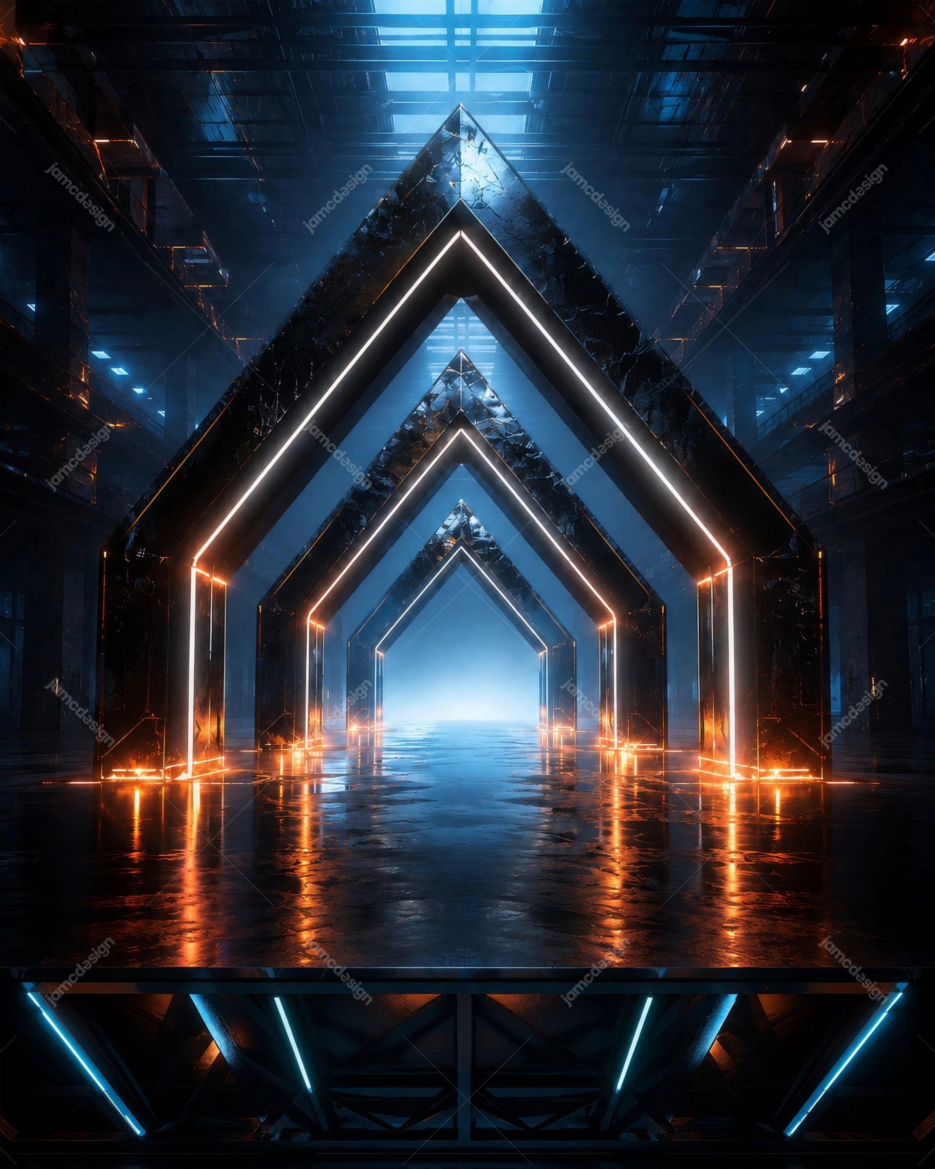 Futuristic Industrial Neon Portal Background. JPG background depicting a dark futuristic industrial interior where nested chevron-shaped neon portals glow