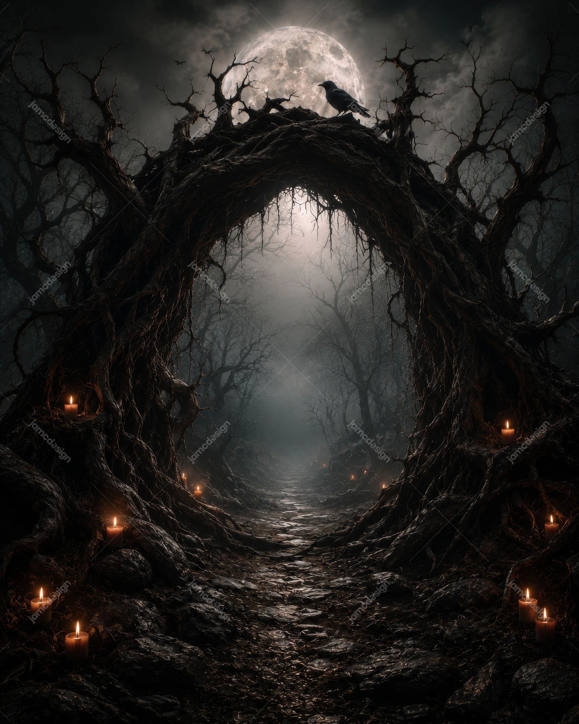 Haunted Mansion Forest Path Halloween Background. Dark JPG forest path background showing a twisted tree arch, full moon