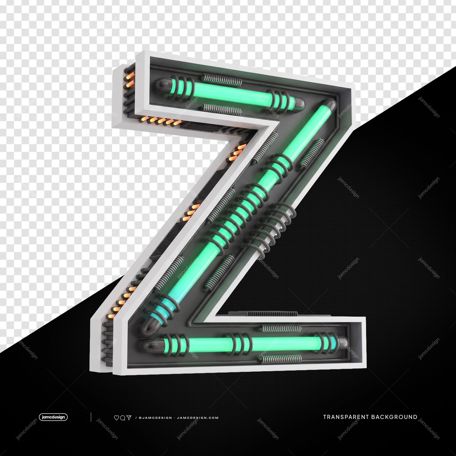 3D Futuristic Industrial Neon Letter Z PNG Transparent Background. 3D futuristic industrial letter Z supplied as a PNG with a transparent background